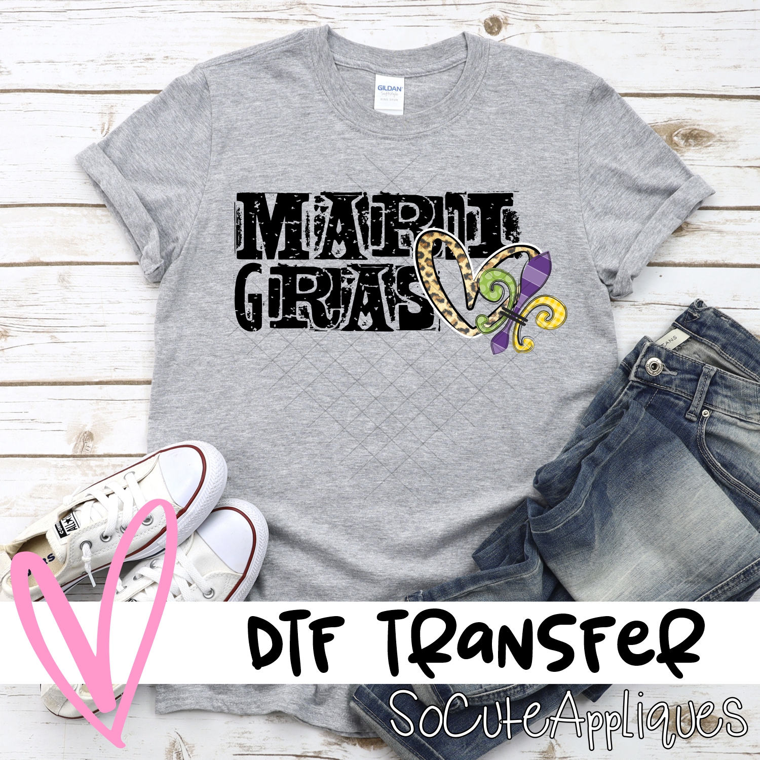 Mardi gras messy type leopard heart *DTF* Transfer
