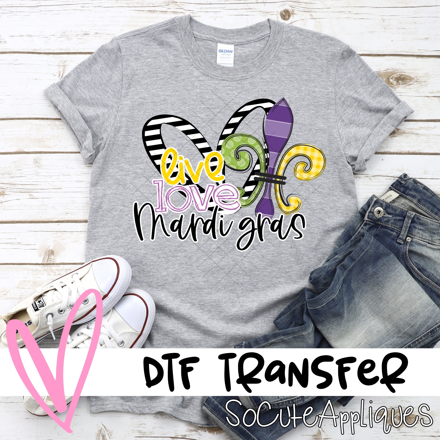 Live love Mardi Gras striped heart *DTF* Transfer