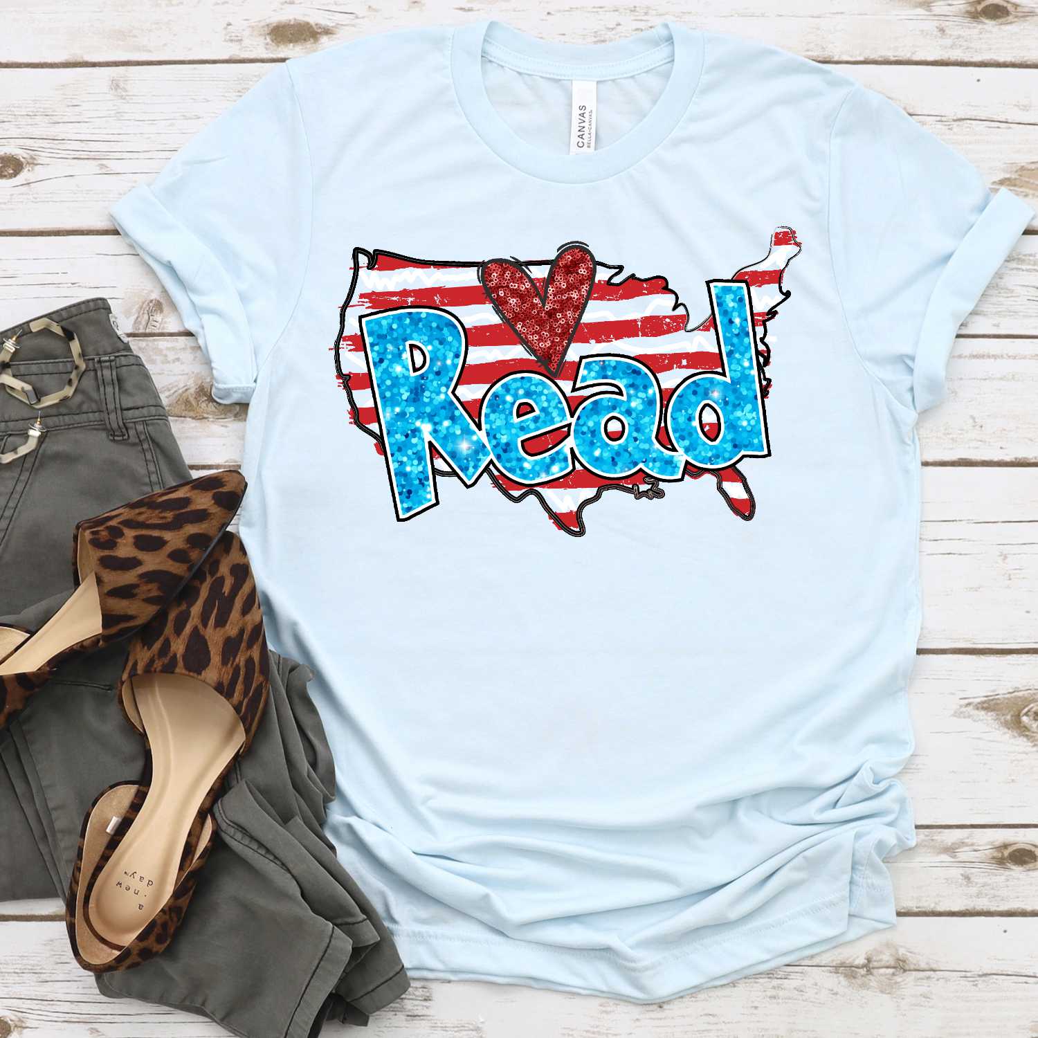 Read America FAUX glitter heart *DTF* Transfer (RWB READ)