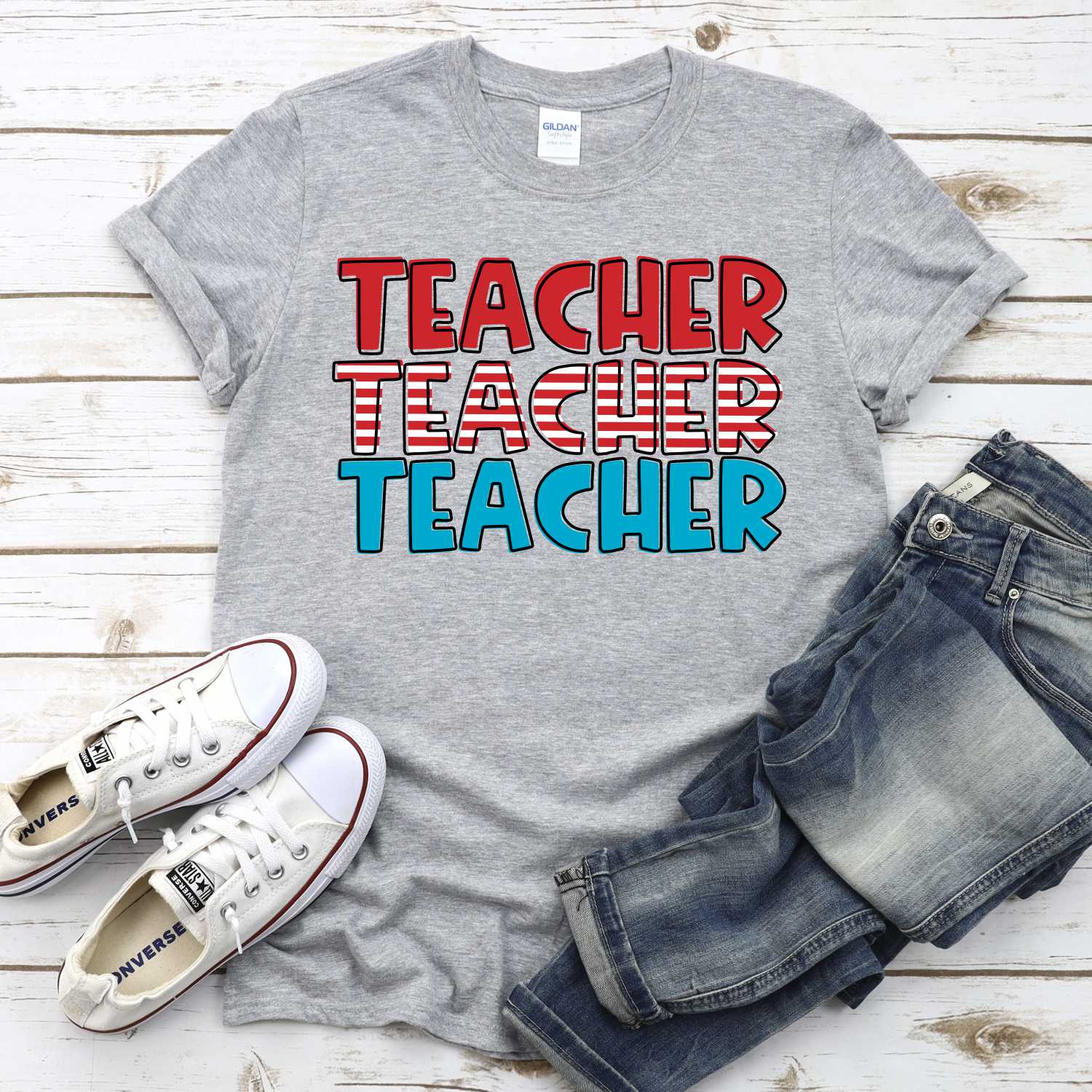 Teacher teacher teacher stacked NEUTRAL *DTF* Transfer (RWB READ)