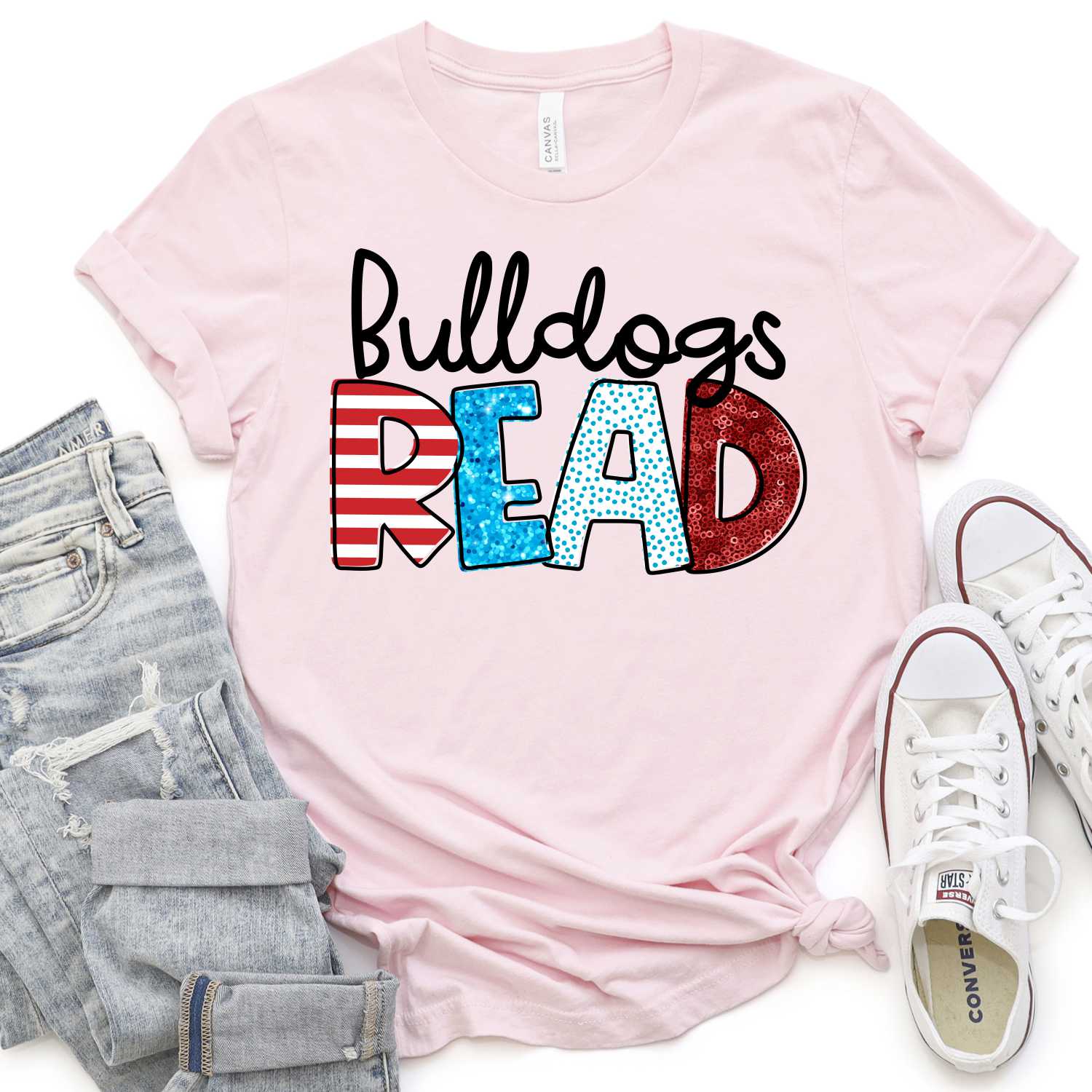 CUSTOM MASCOT Mascots READ faux glitter *DTF* Transfer (Red White and blue READING) - Image 2