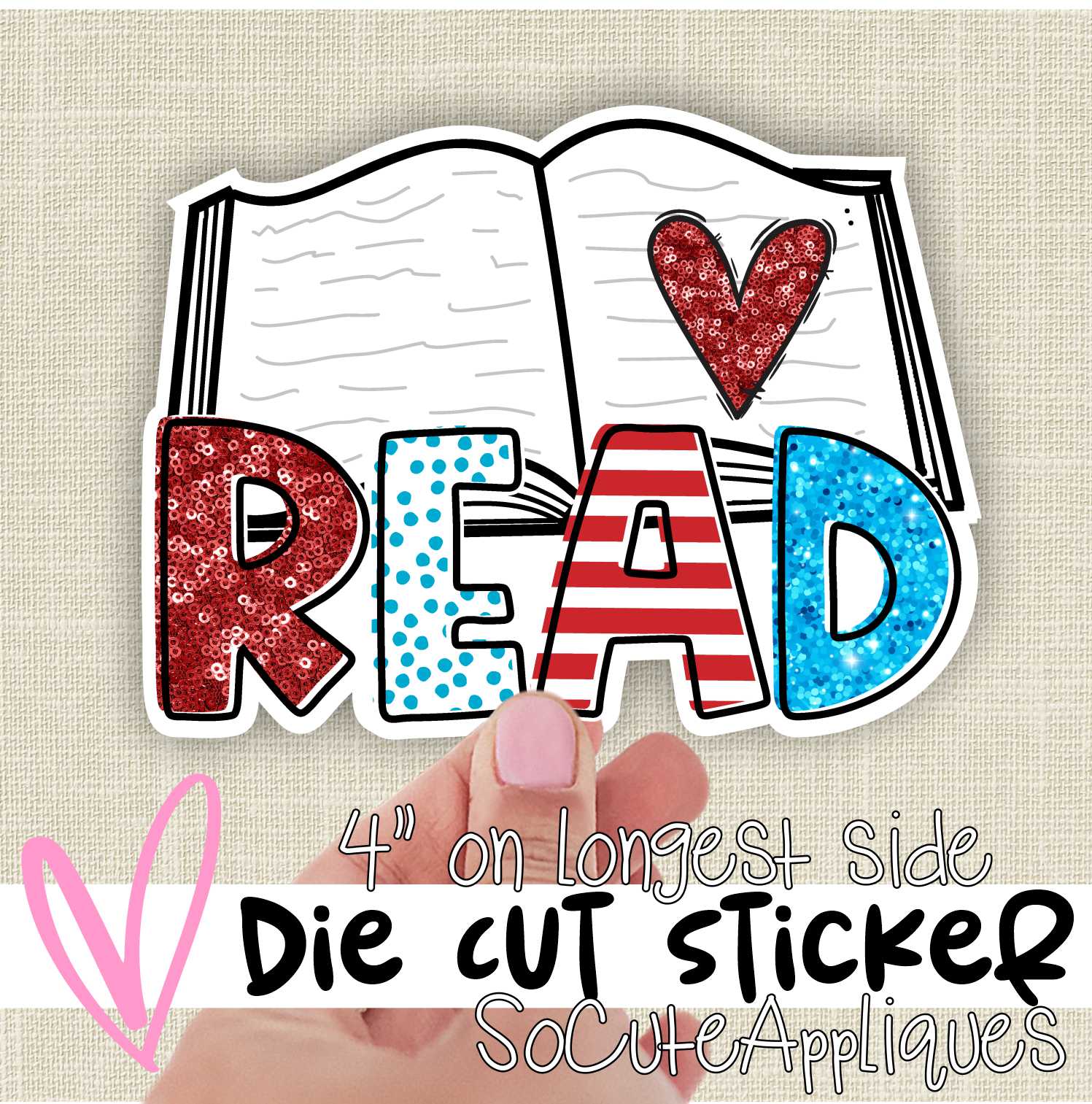 *DIE CUT STICKER* READ mixed with red heart on book
