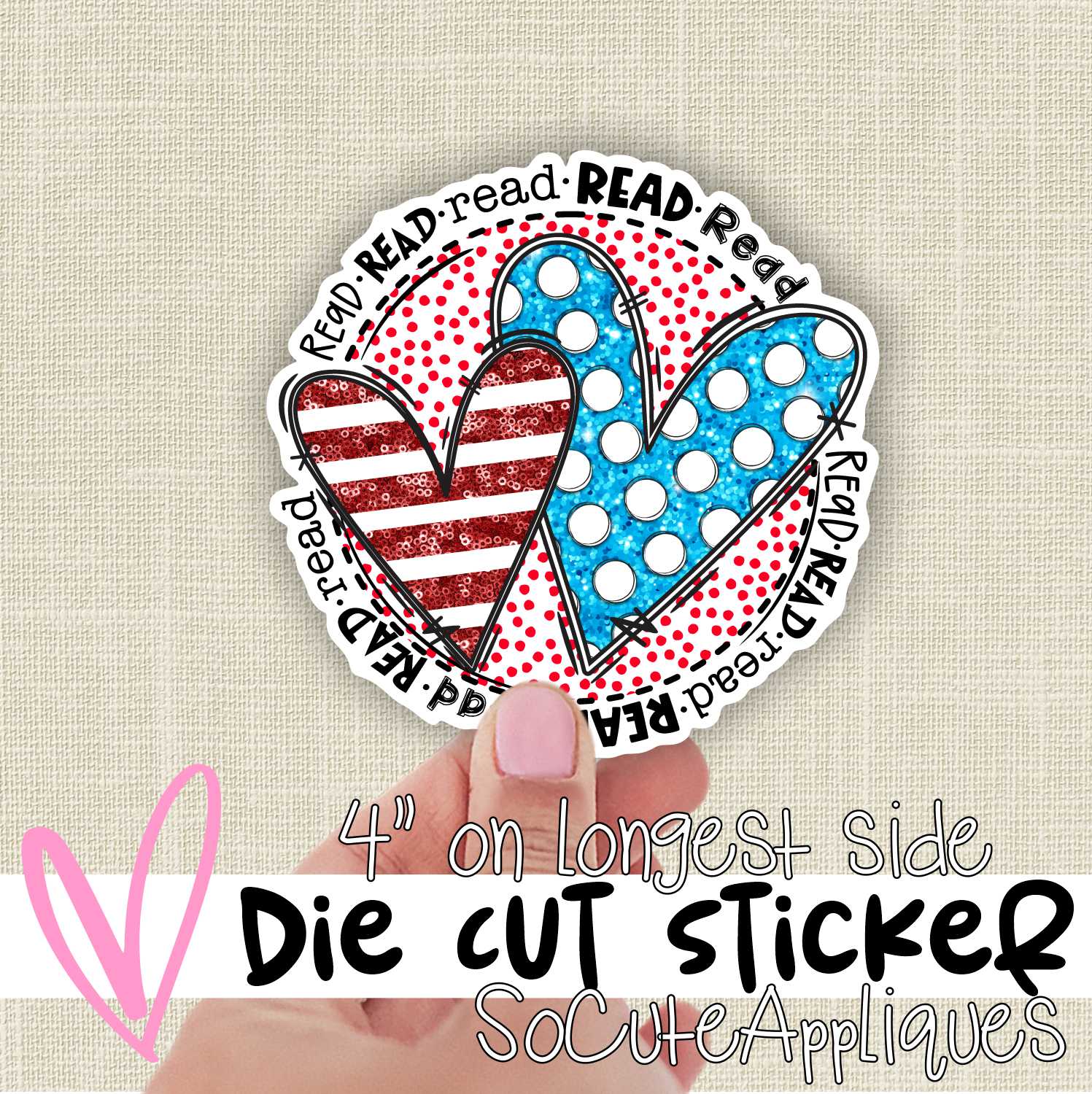 *DIE CUT STICKER* Double heart circle read glitter