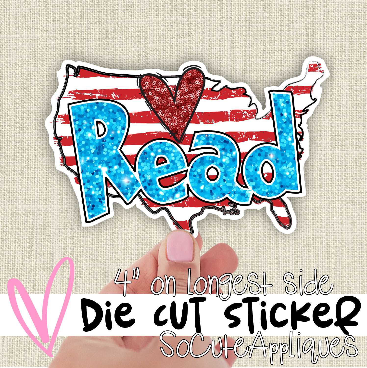 *DIE CUT STICKER* READ glitter with red heart on US