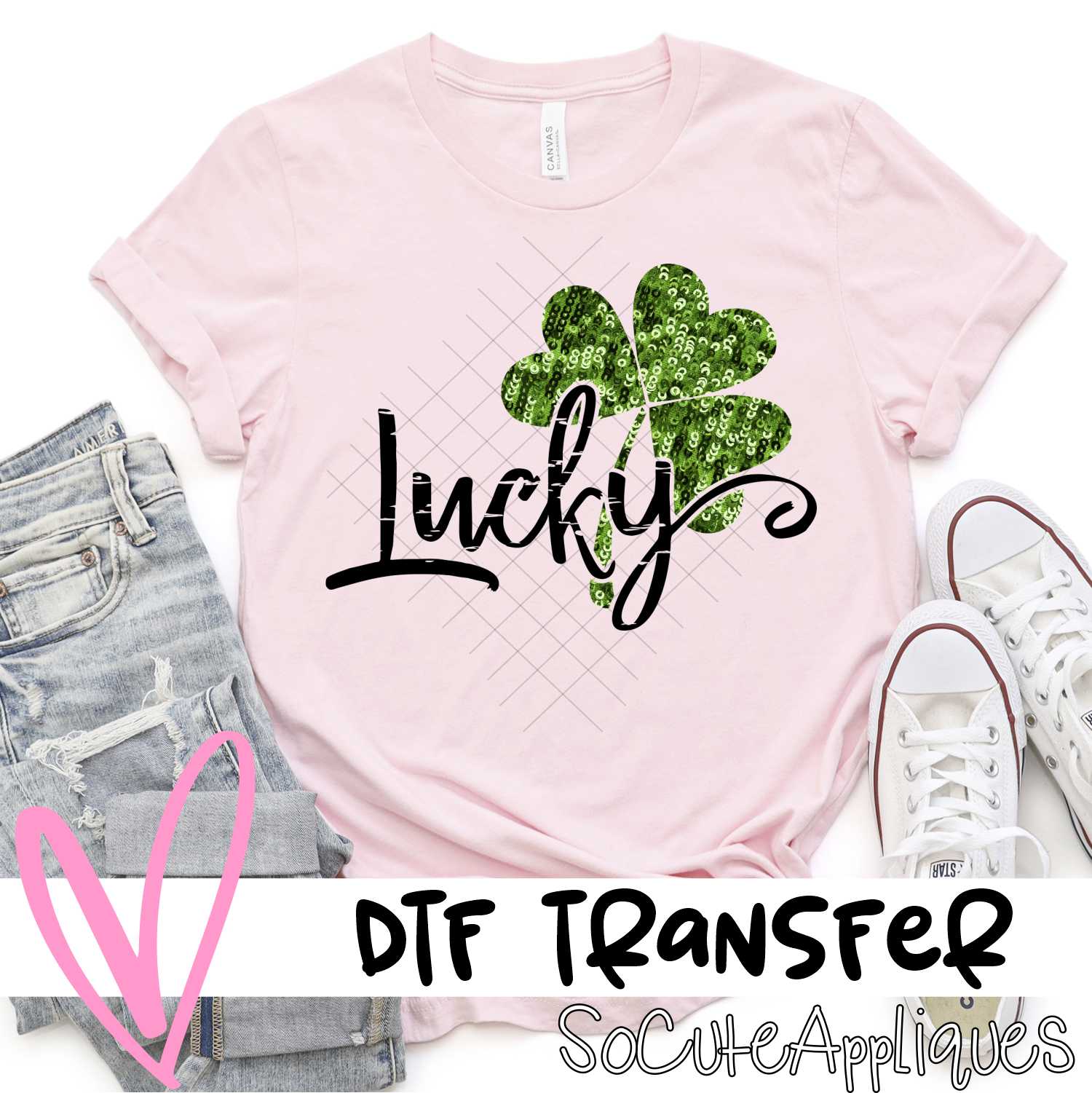 Lucky on green sequin clover *DTF* Transfer