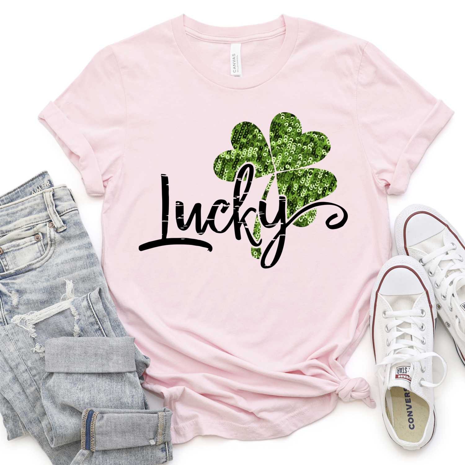 Lucky on green sequin clover *DTF* Transfer - Image 2