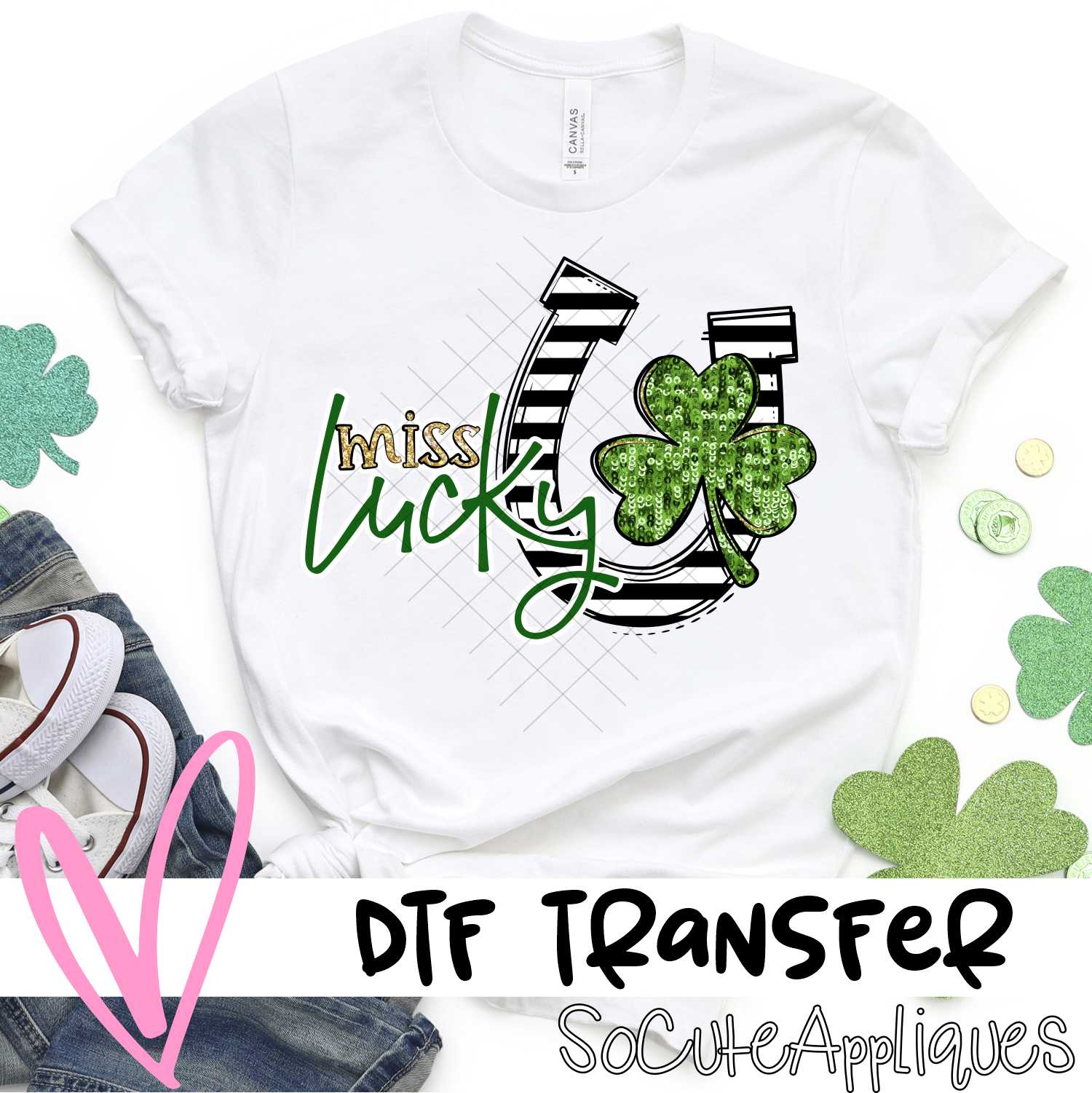 Miss Lucky sequin clover stripe horseshoe *DTF* Transfer