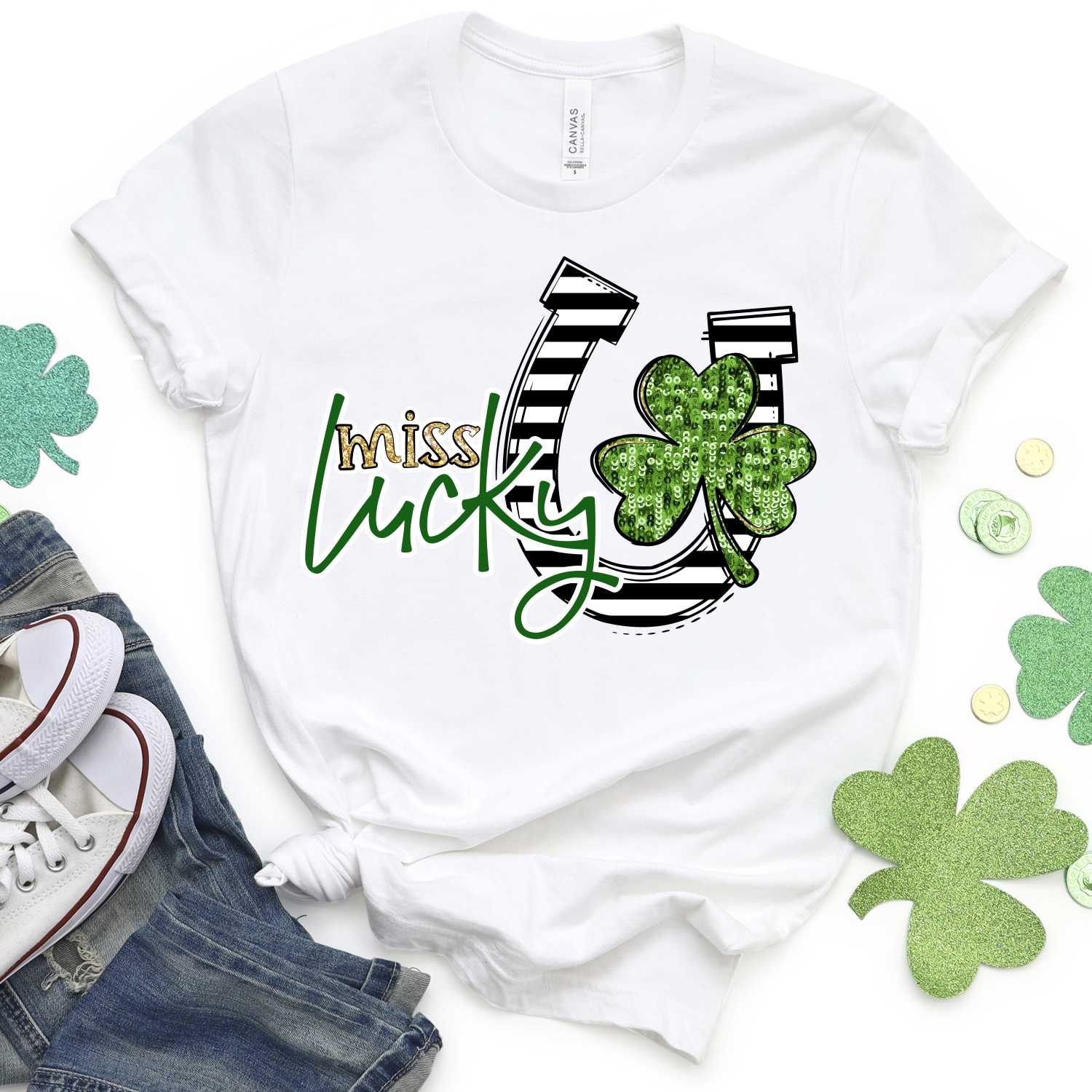 Miss Lucky sequin clover stripe horseshoe *DTF* Transfer - Image 2