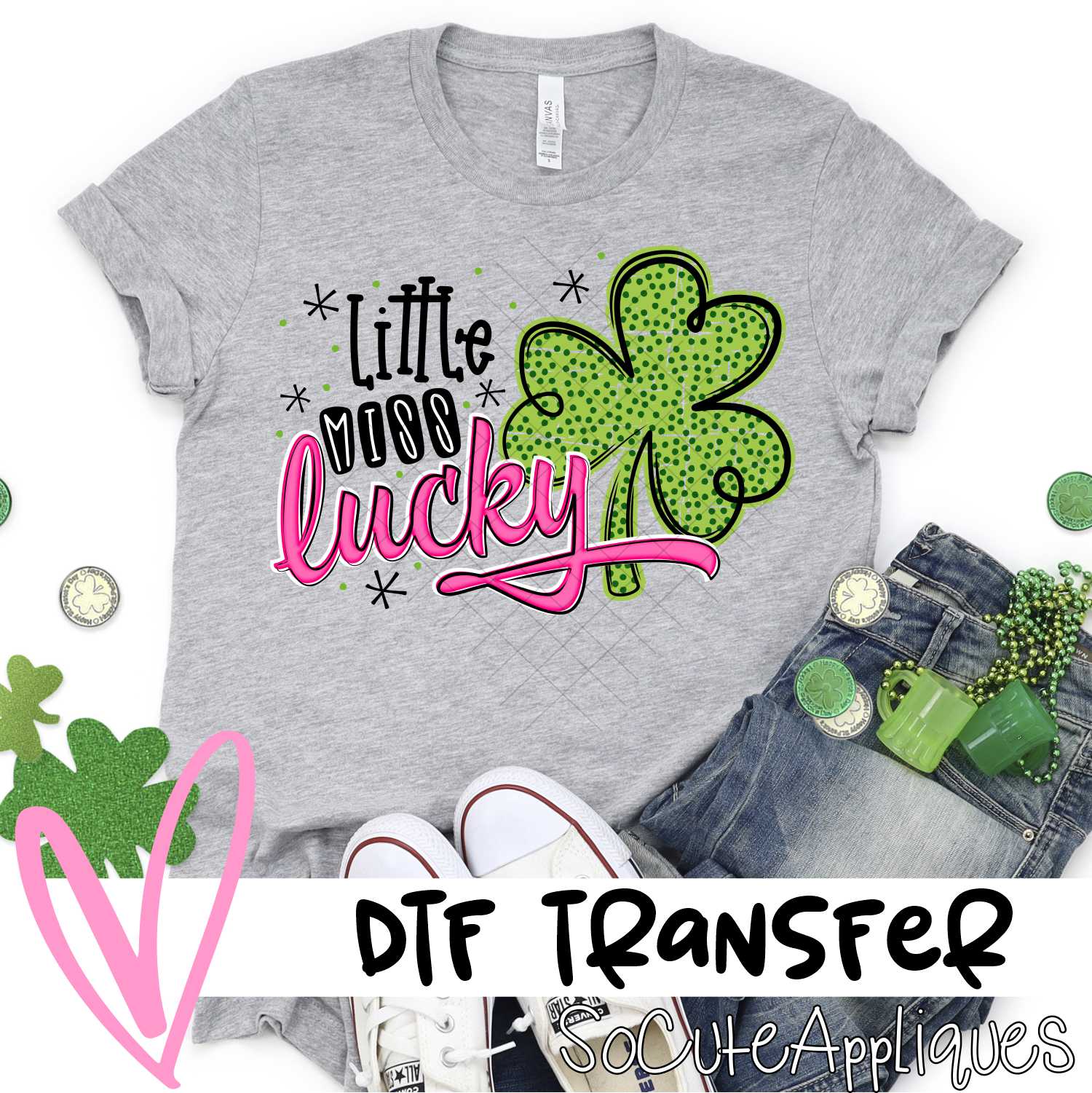 Little miss Lucky script on polka dot clover *DTF* Transfer