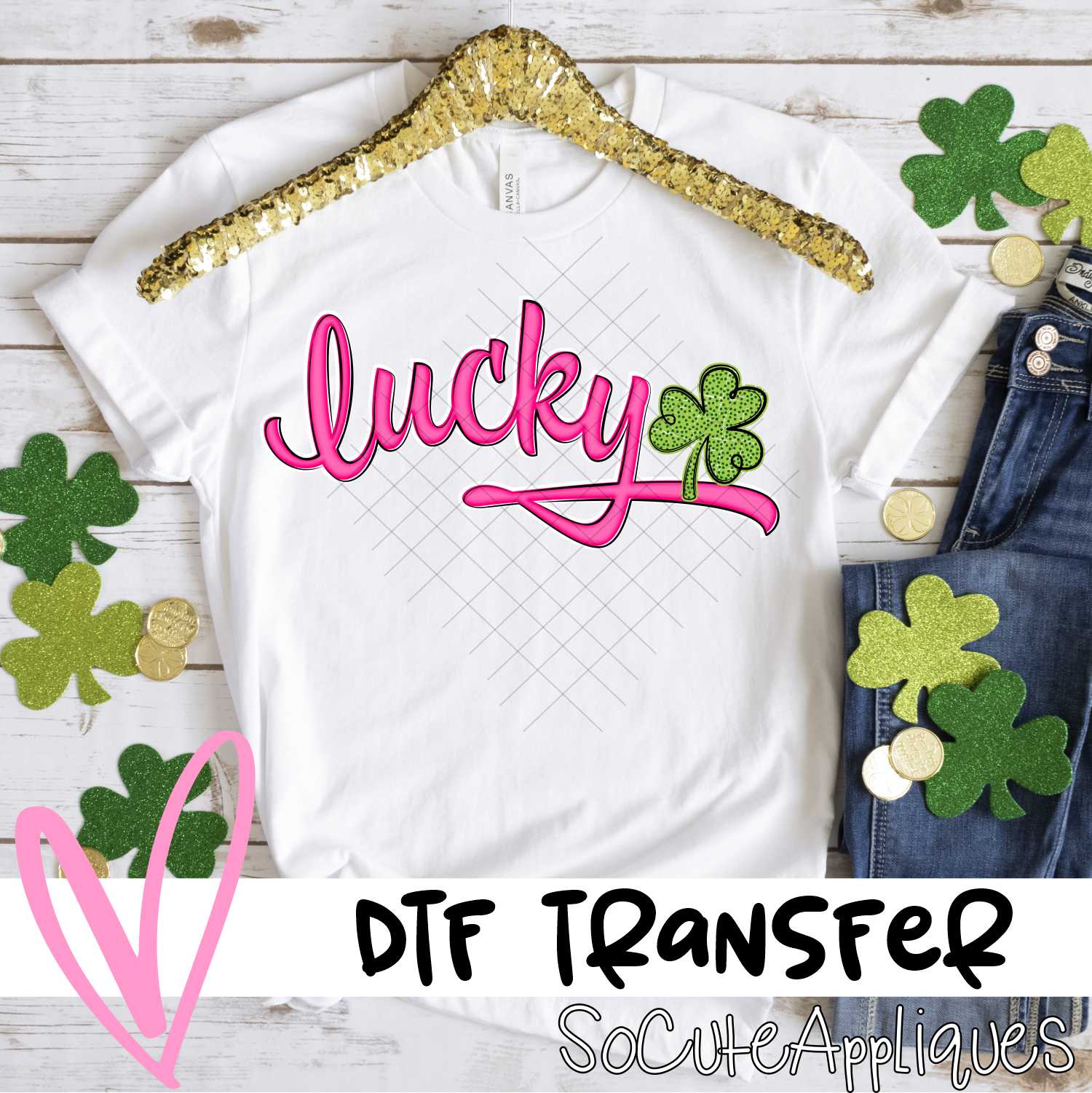Lucky curved script green dot clover *DTF* Transfer