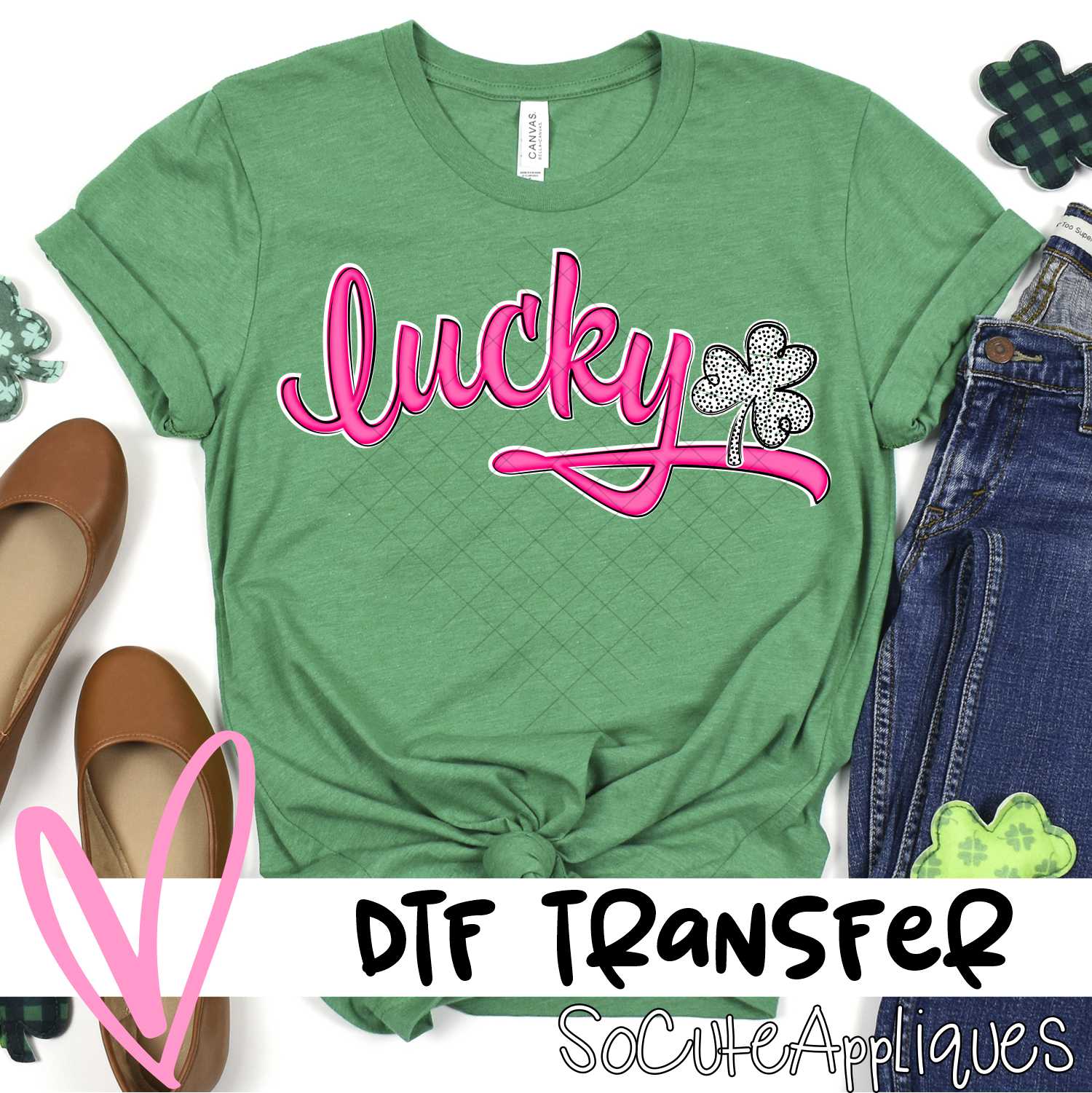 Lucky curved script white dot clover *DTF* Transfer