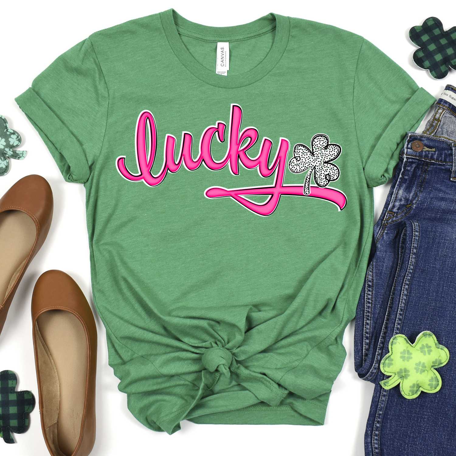 Lucky curved script white dot clover *DTF* Transfer - Image 2