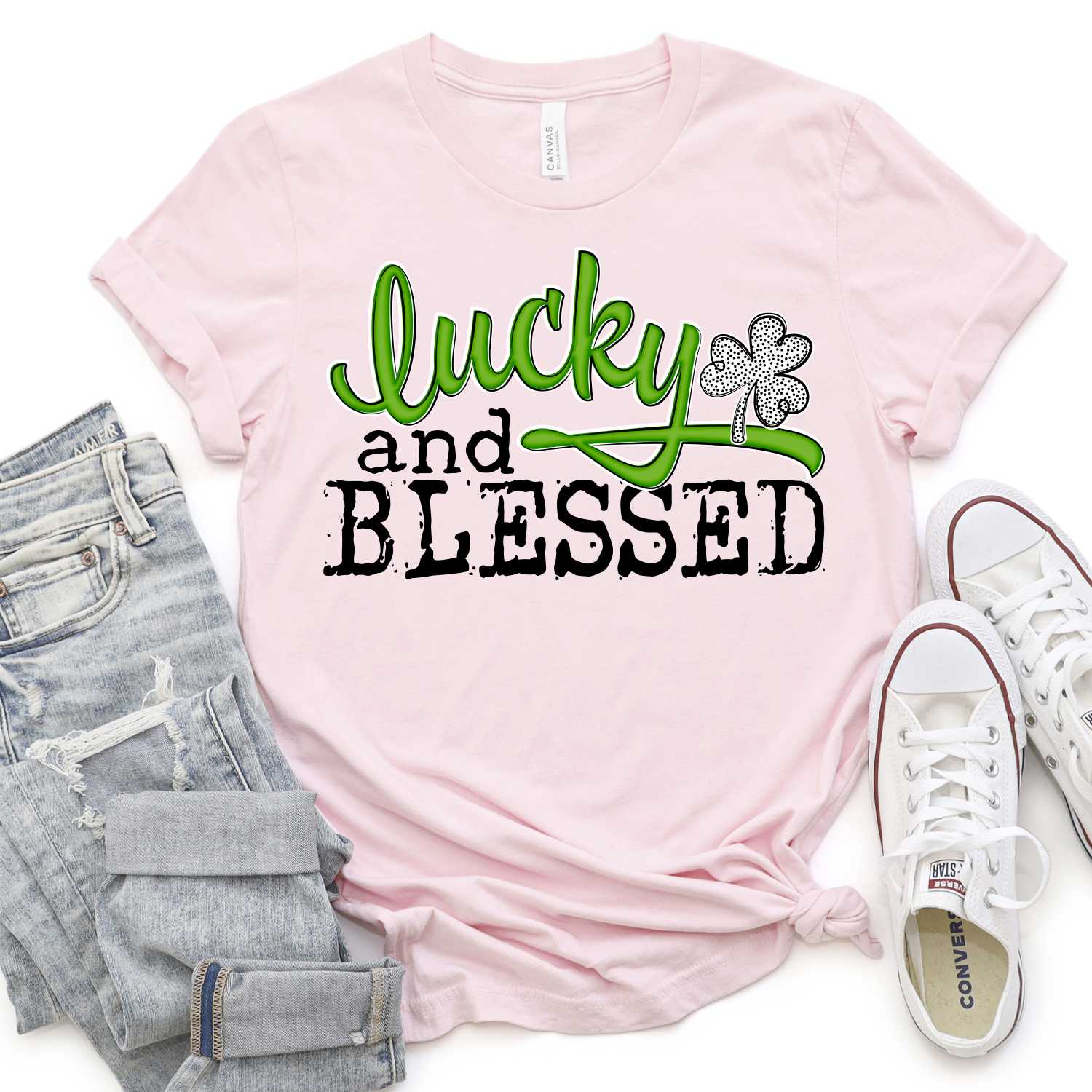 Lucky and blessed green script white dot clover *DTF* Transfer - Image 2