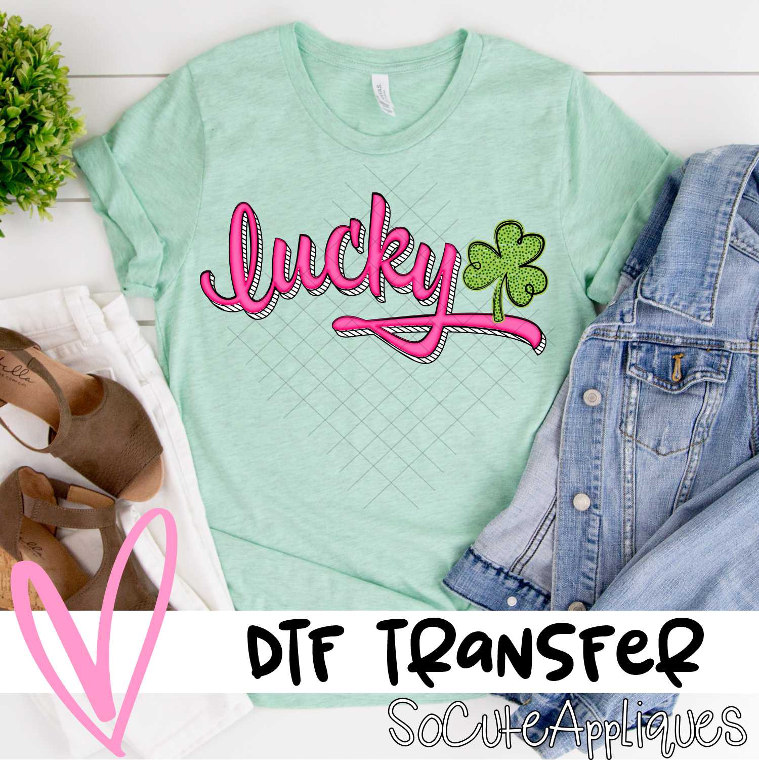 Lucky curved shadow script green dot clover *DTF* Transfer