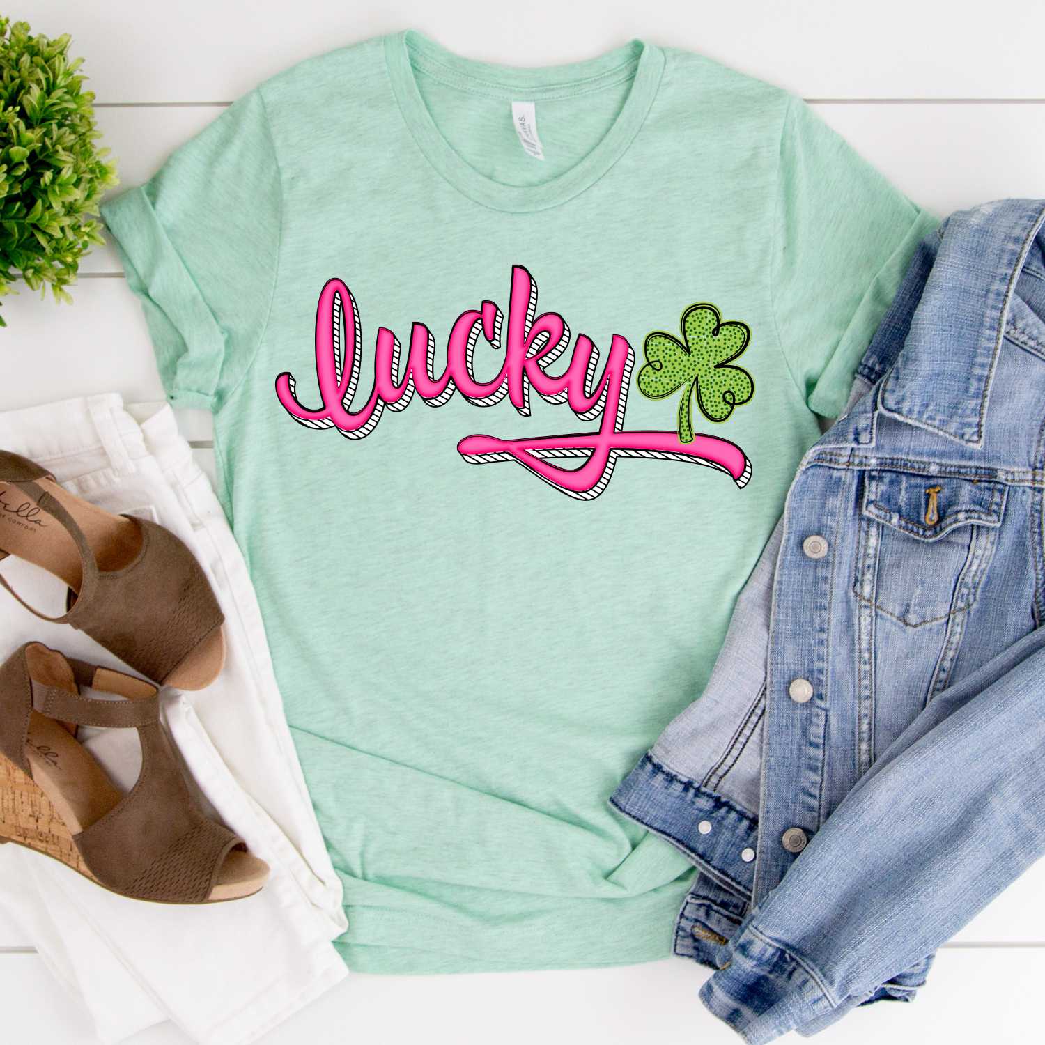 Lucky curved shadow script green dot clover *DTF* Transfer - Image 2