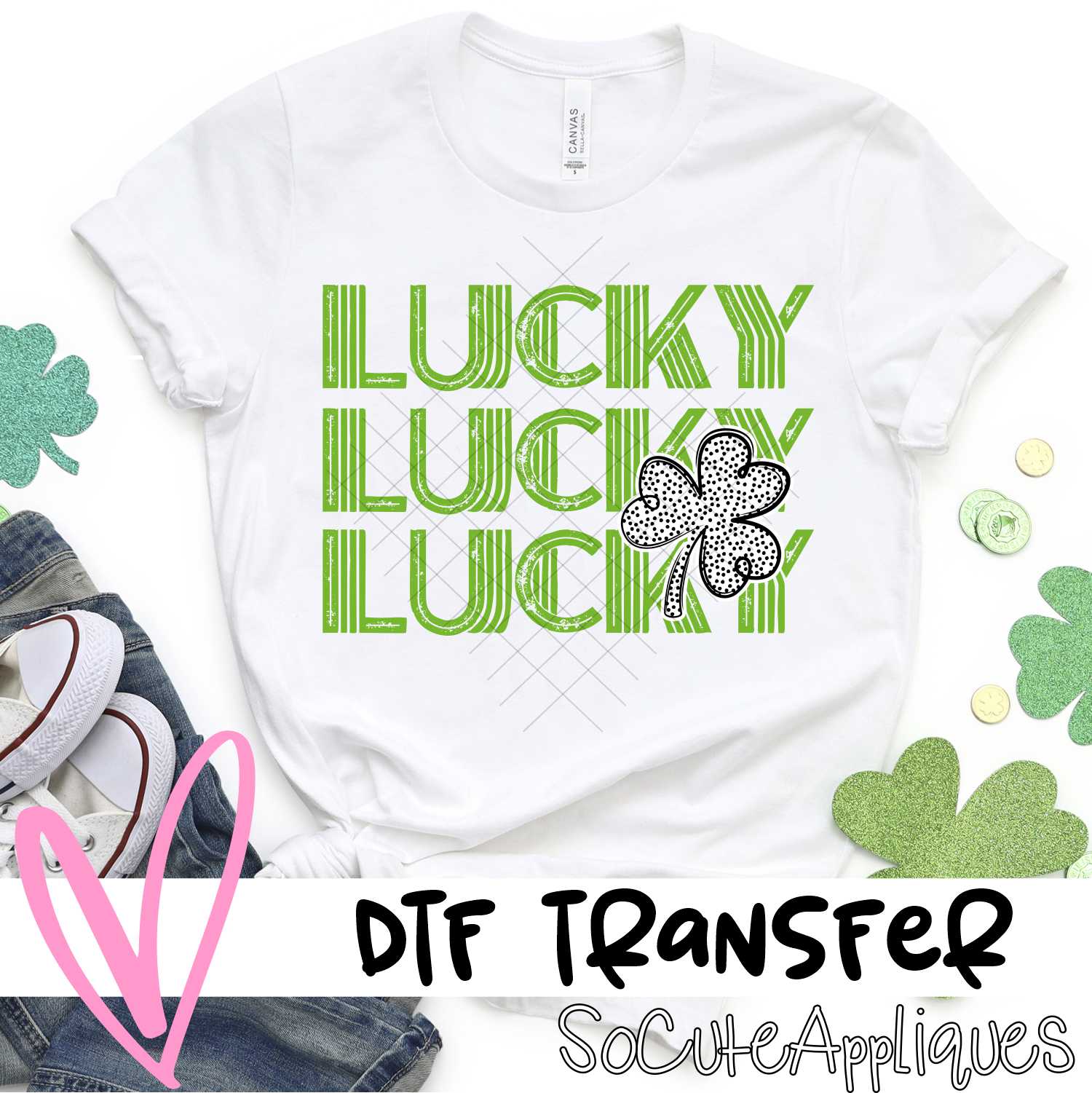 Lucky stacked green with polka dot clover *DTF* Transfer