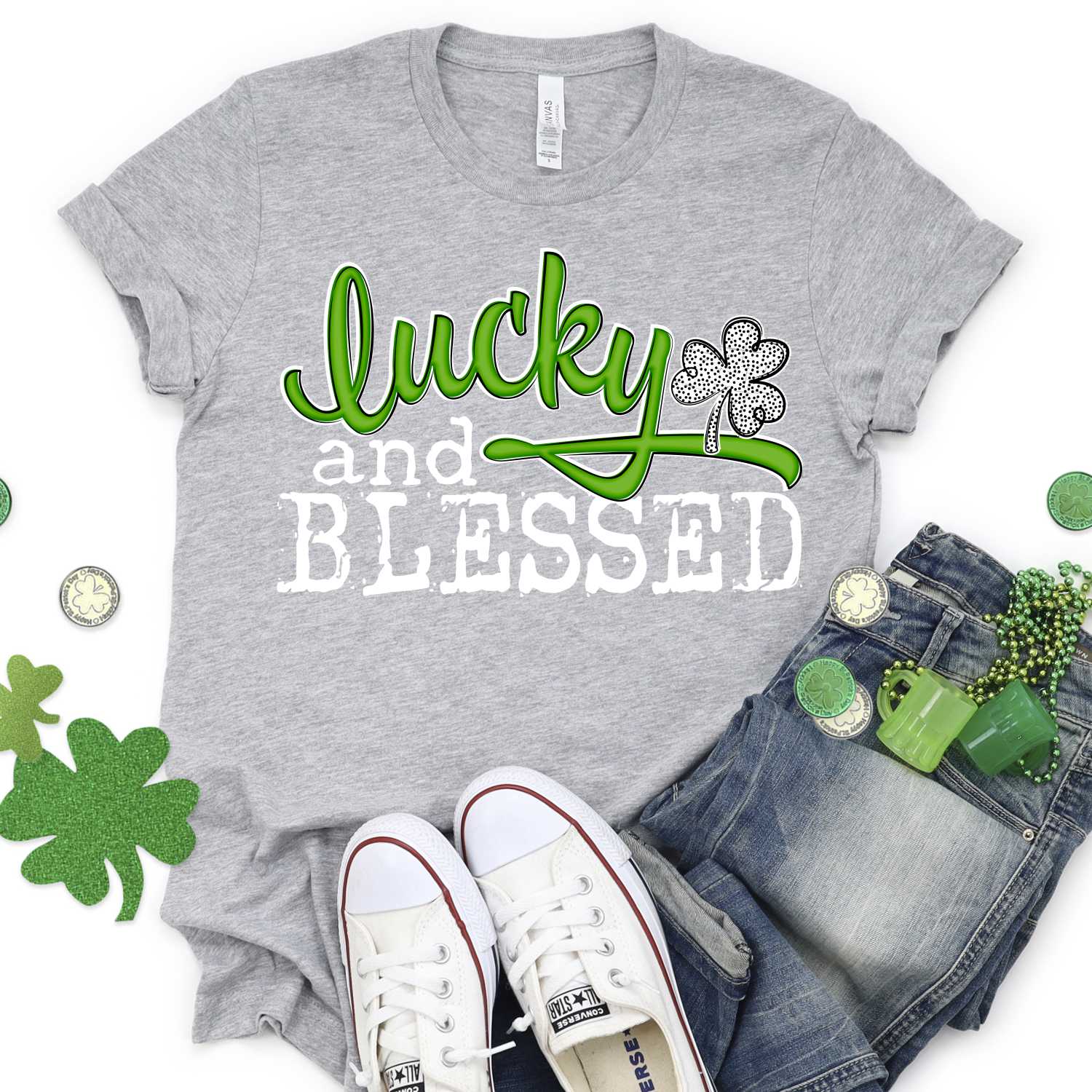 Lucky and blessed green script white dot clover WHITE *DTF* Transfer - Image 2