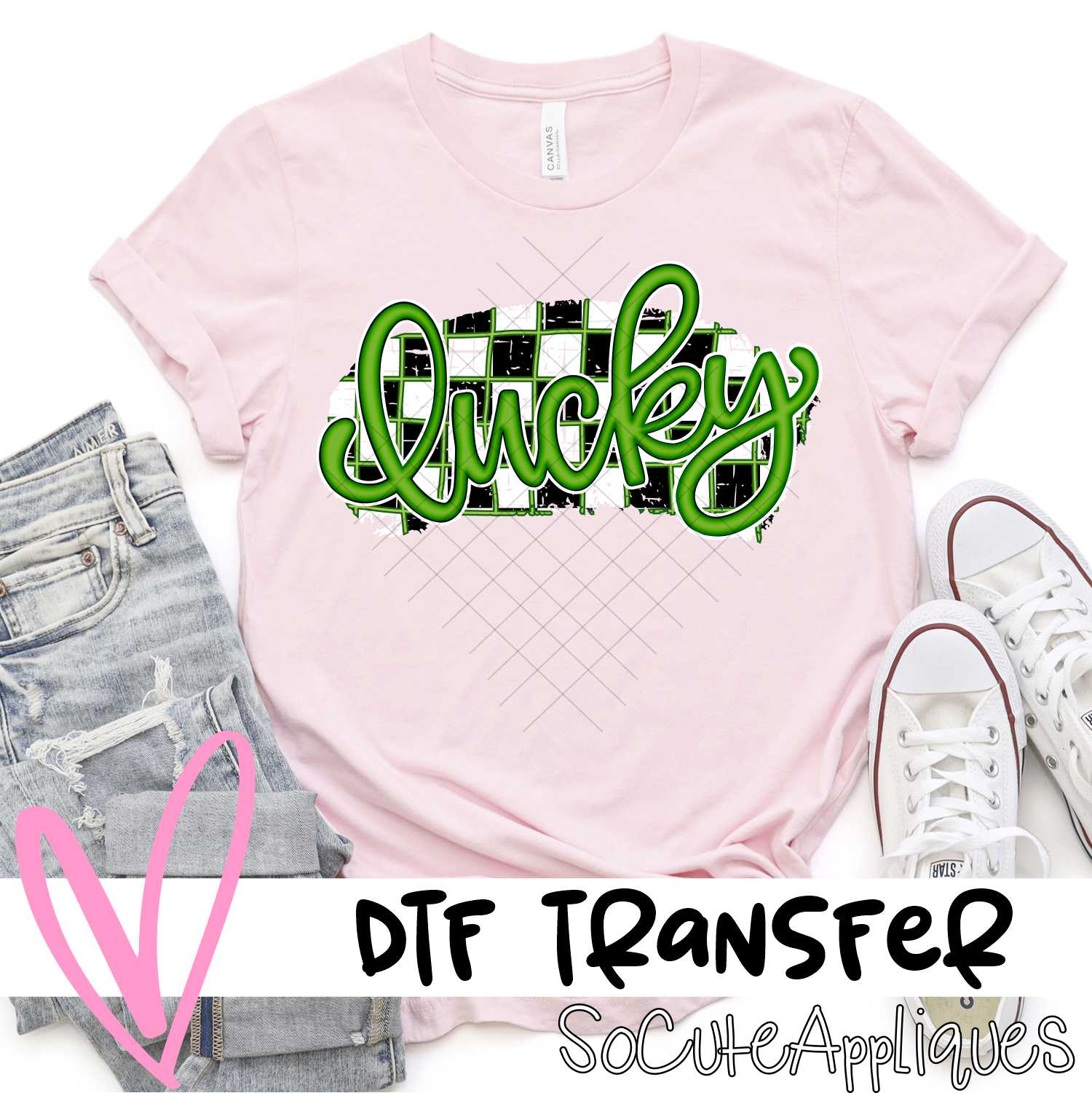 Lucky green script on black white check *DTF* Transfer
