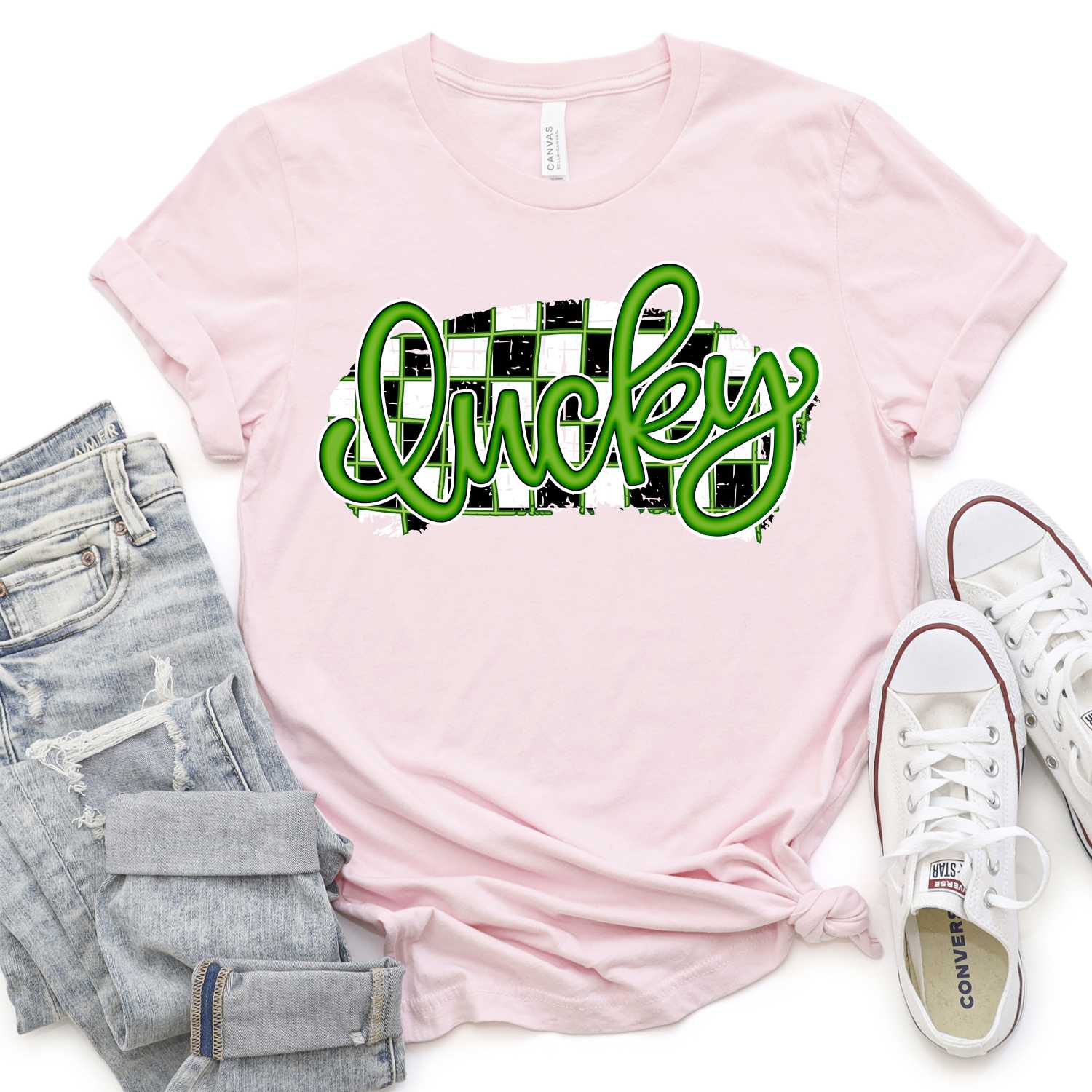 Lucky green script on black white check *DTF* Transfer - Image 2