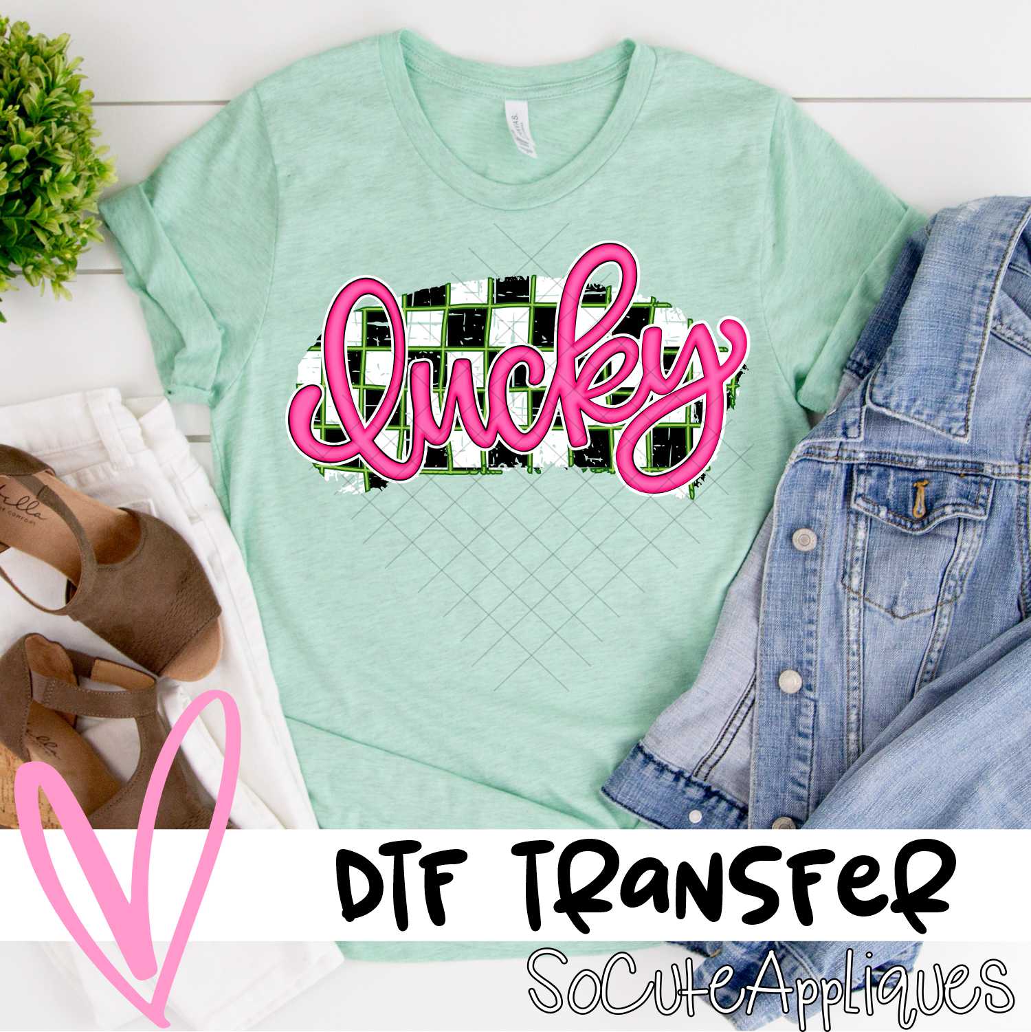 Lucky pink script on black white check *DTF* Transfer
