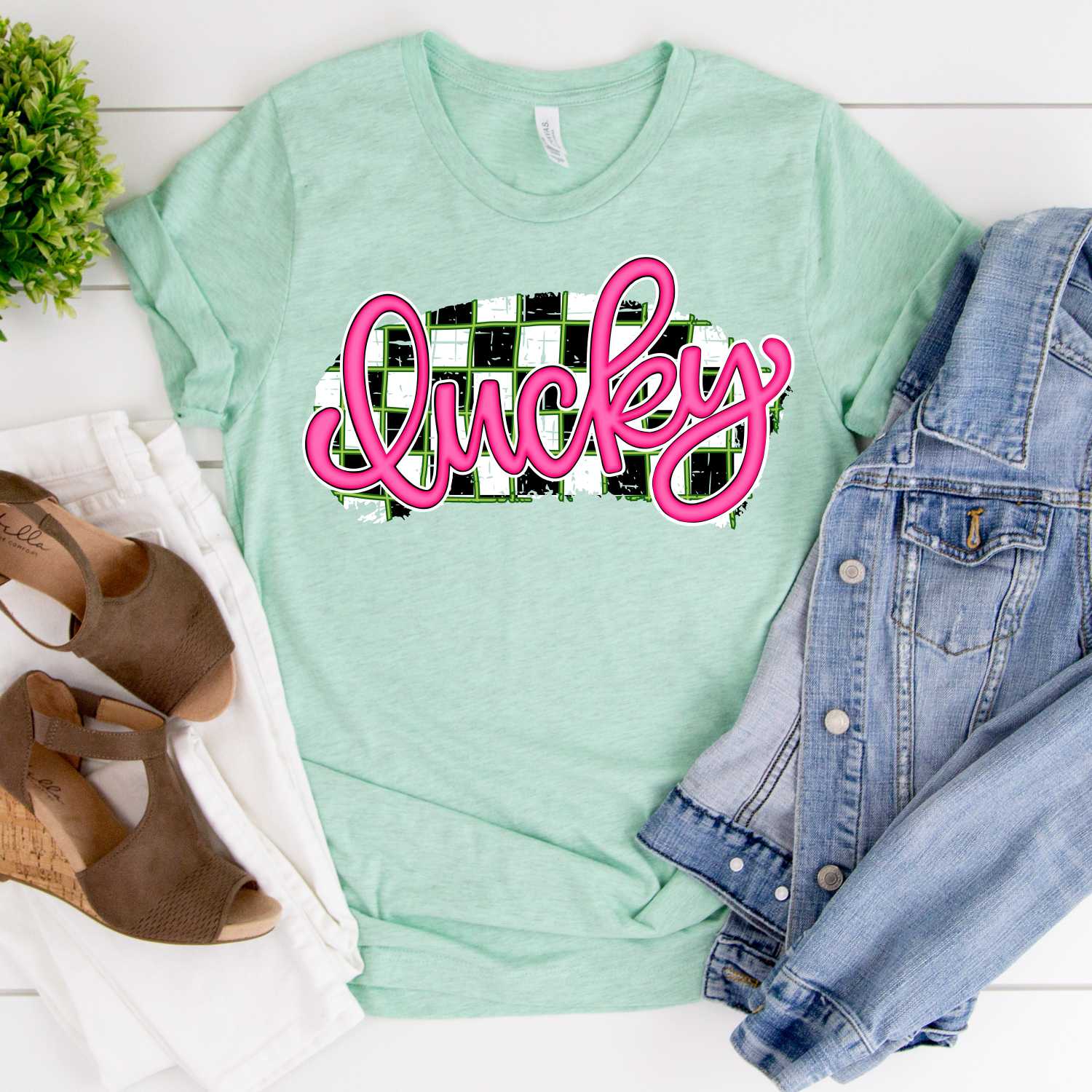 Lucky pink script on black white check *DTF* Transfer - Image 2
