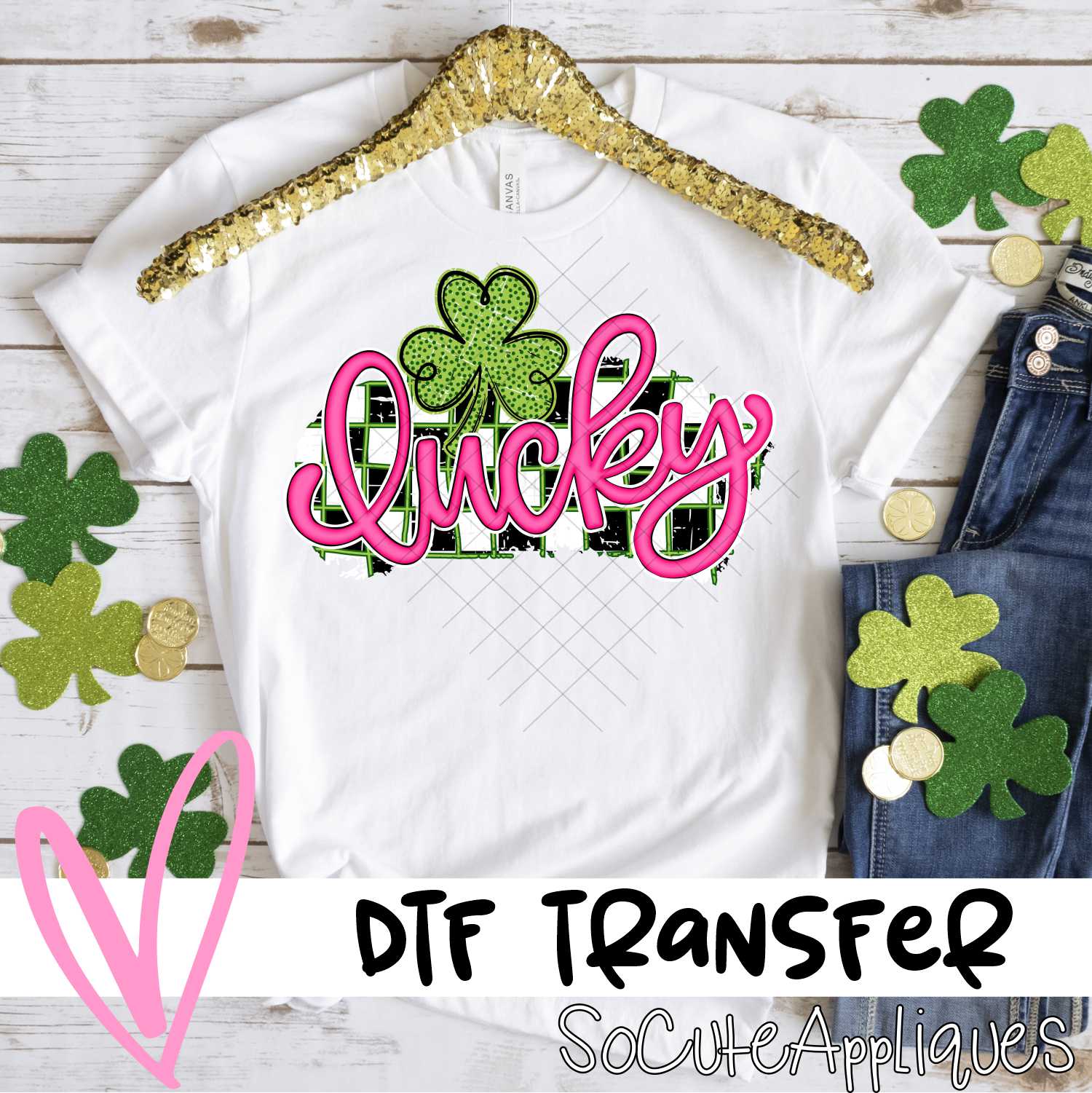 Lucky pink script on black white check green clover *DTF* Transfer