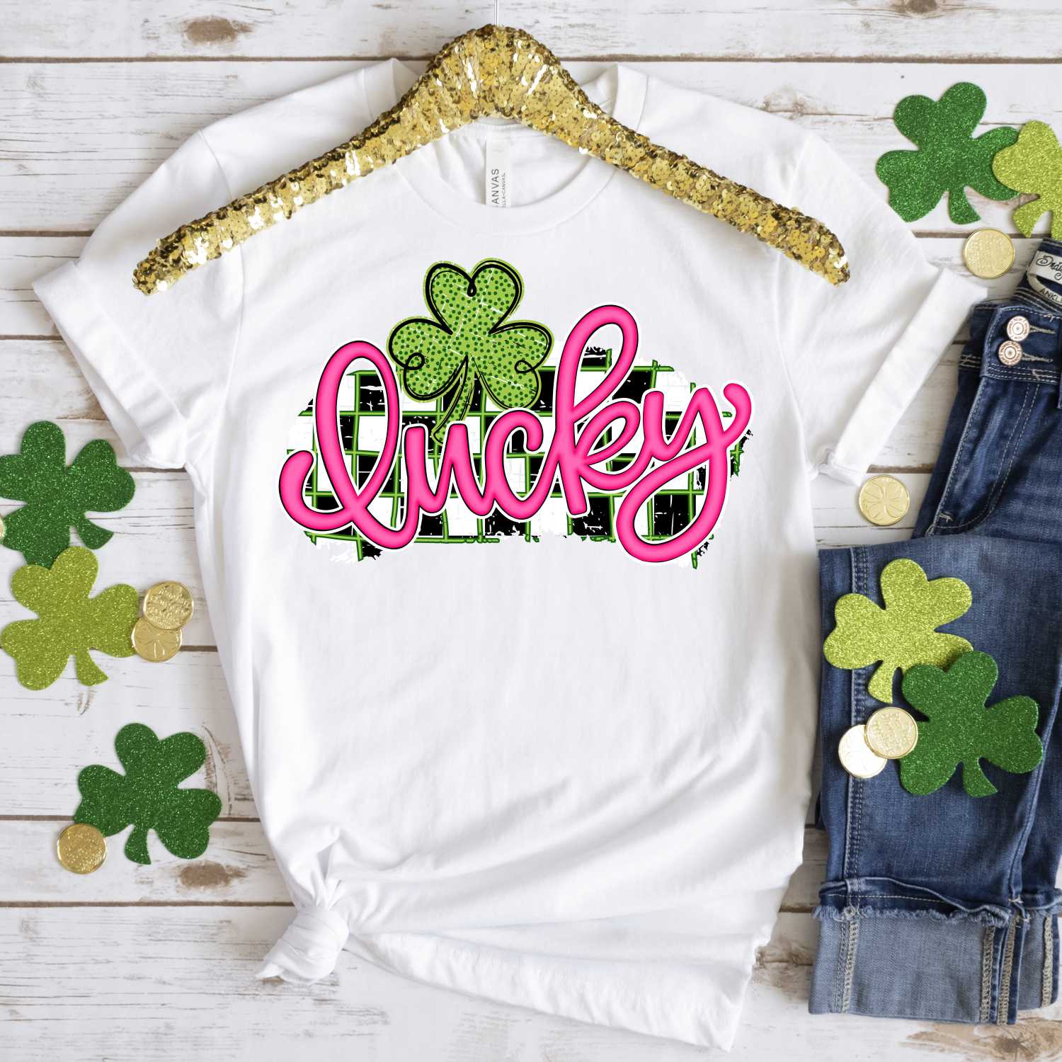 Lucky pink script on black white check green clover *DTF* Transfer - Image 2