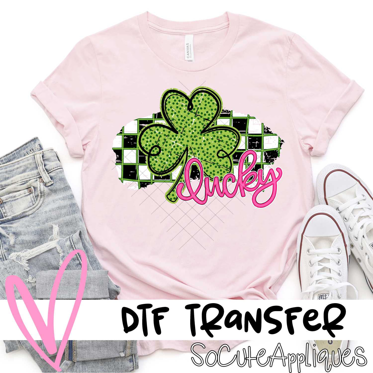 Green dot clover on check pink lucky *DTF* Transfer