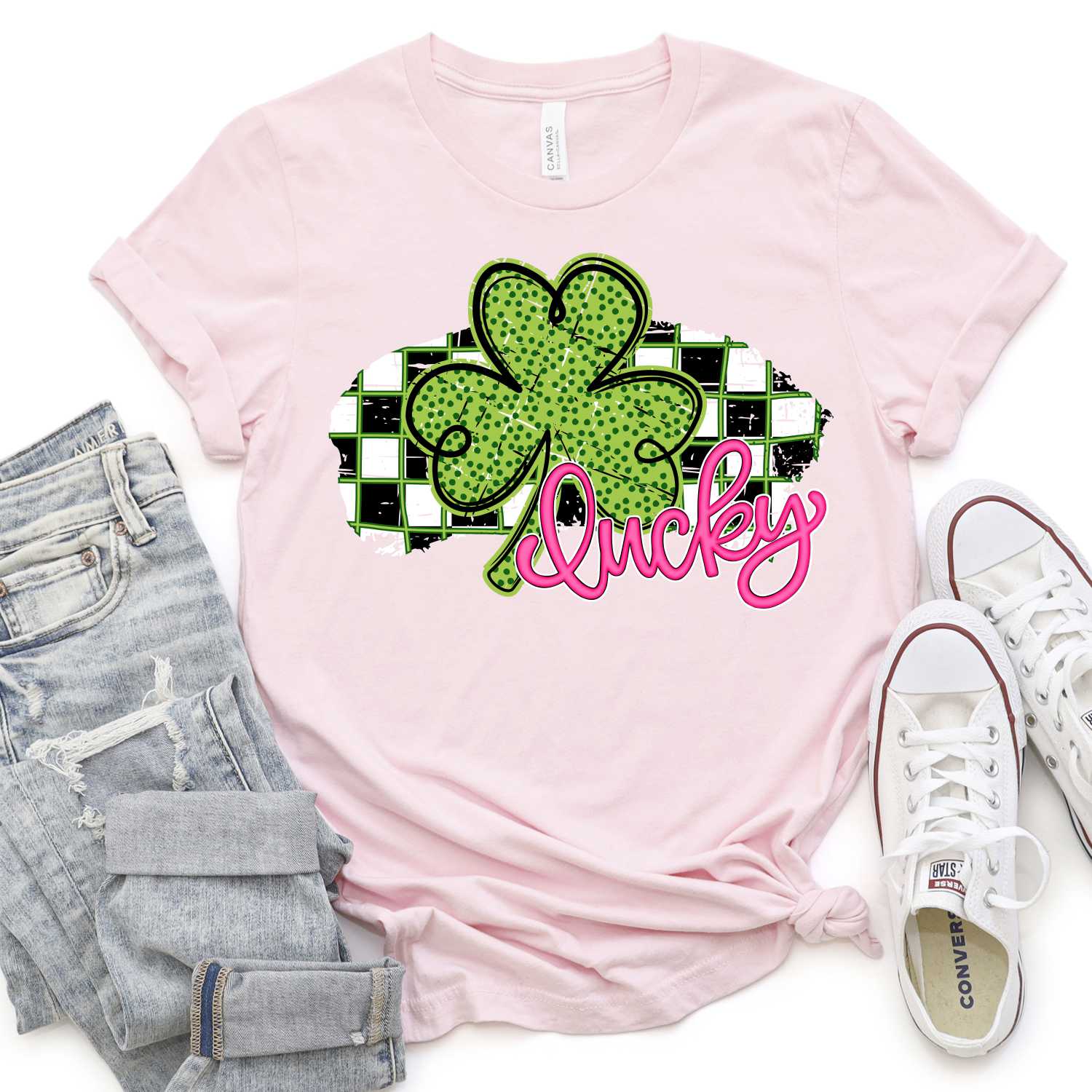 Green dot clover on check pink lucky *DTF* Transfer - Image 2