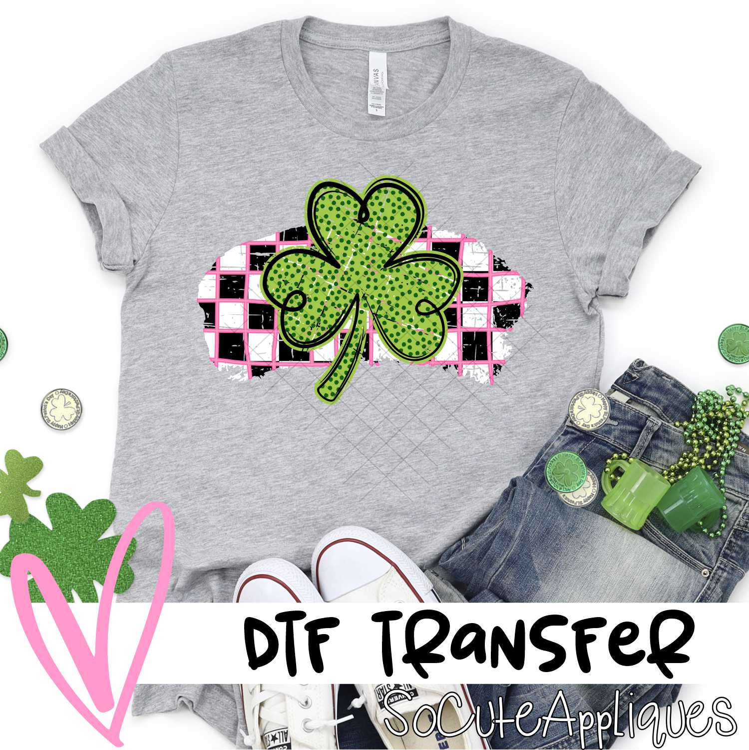Green dot clover on check pink stripe *DTF* Transfer