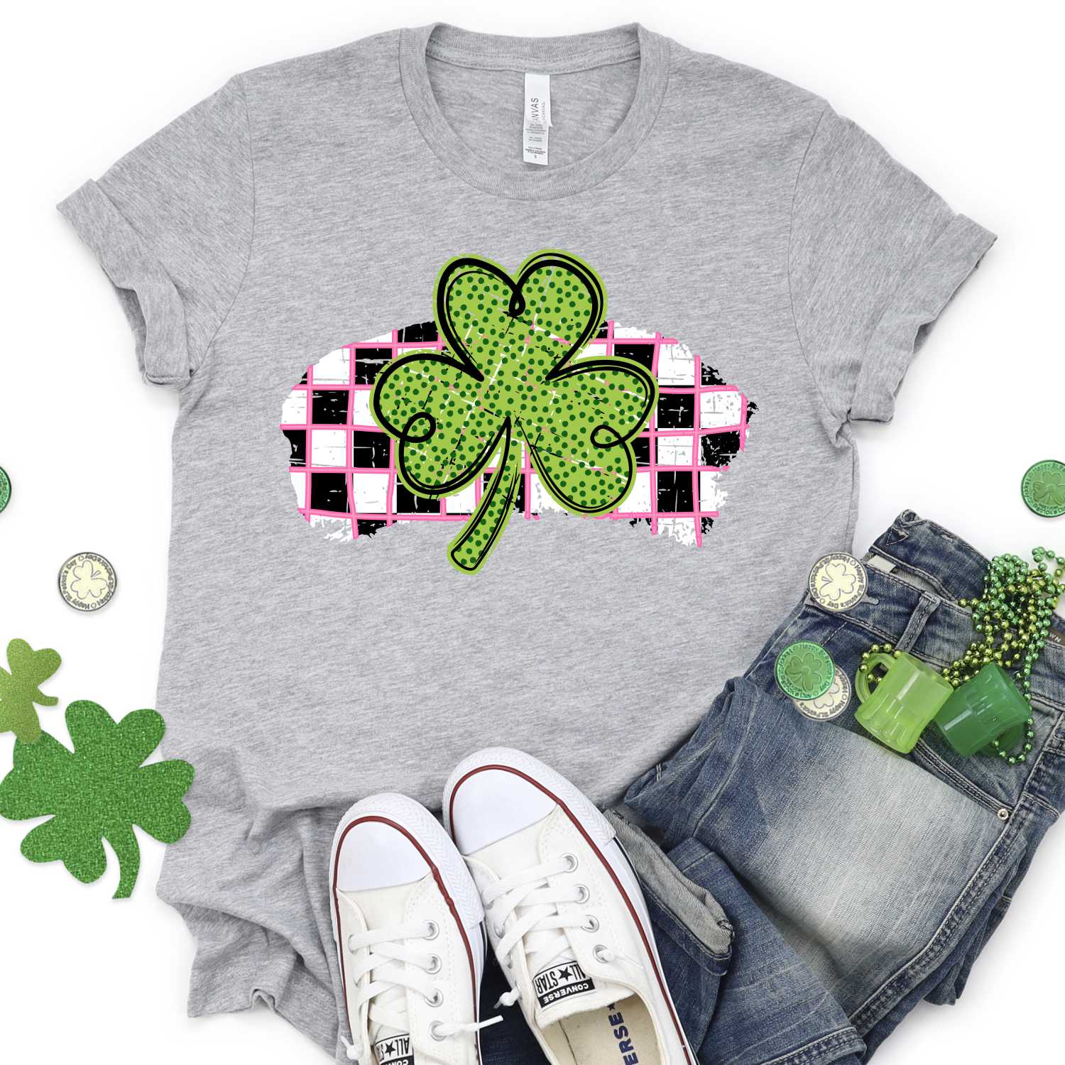 Green dot clover on check pink stripe *DTF* Transfer - Image 2