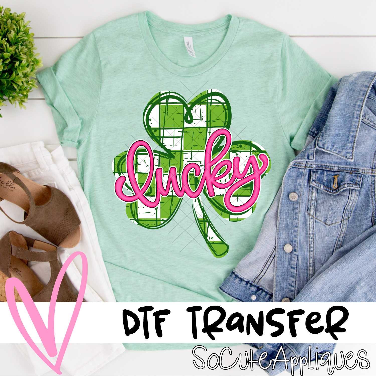 Green white check clover Lucky pink *DTF* Transfer