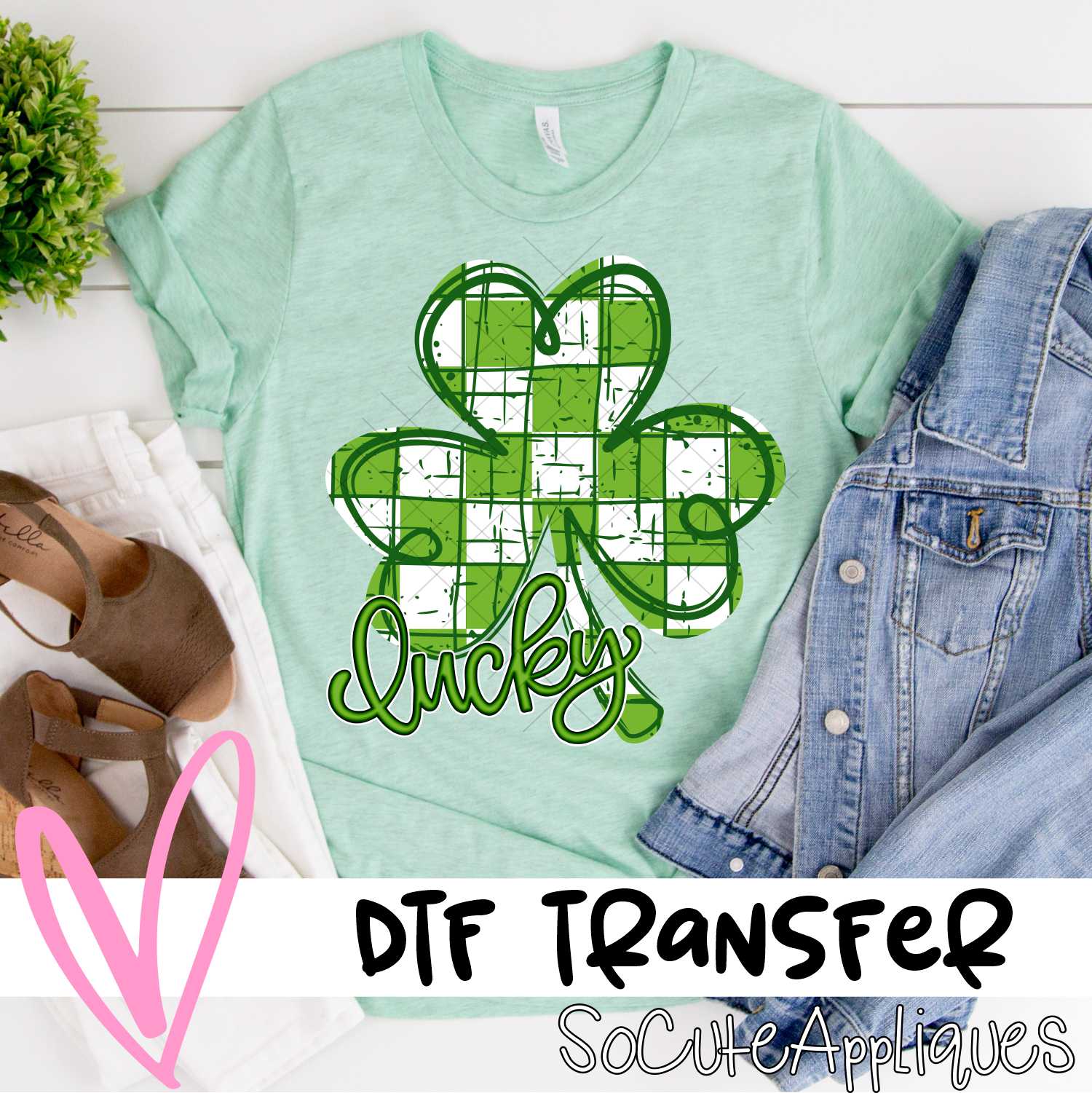 Green white check clover Lucky green small *DTF* Transfer