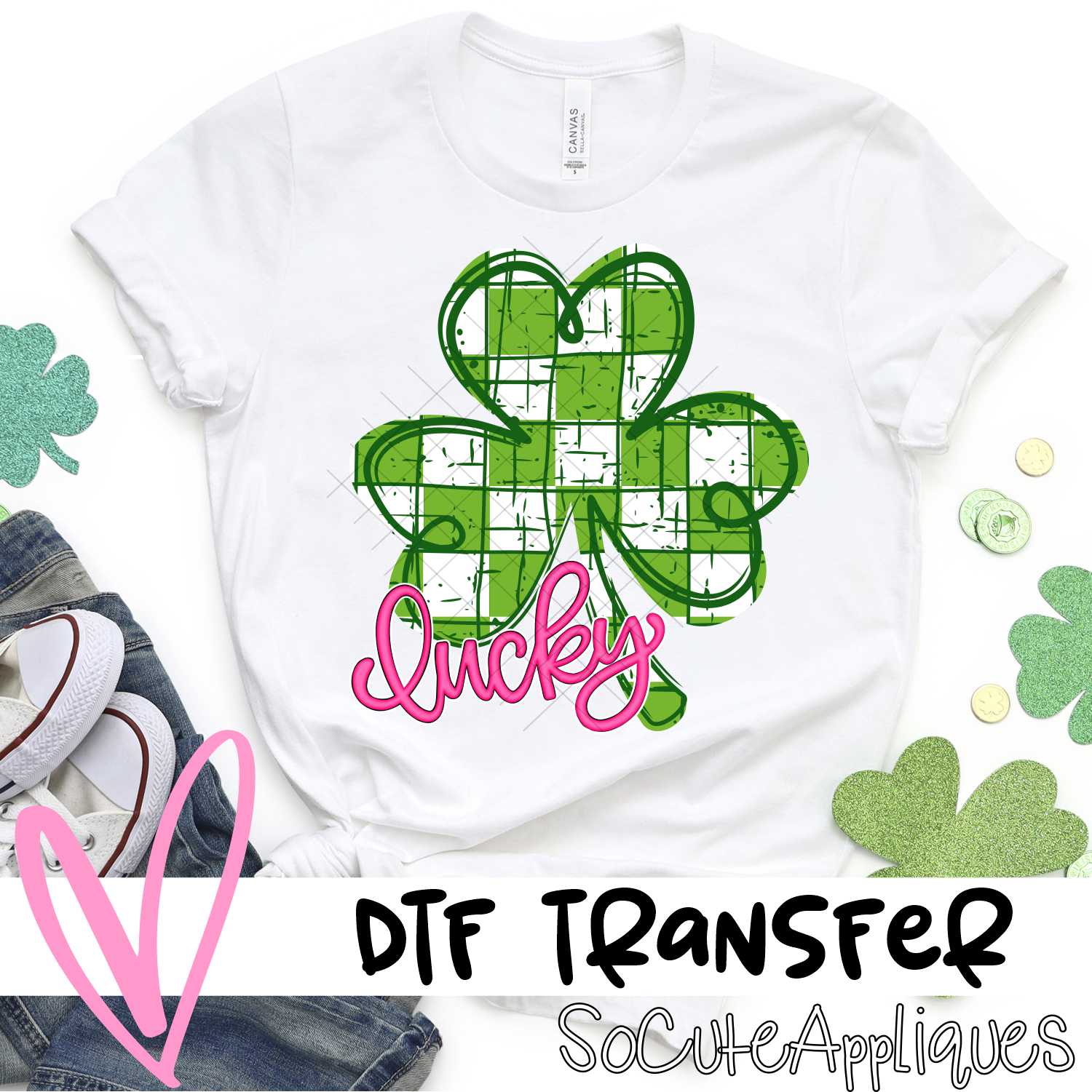 Green white check clover Lucky pink small *DTF* Transfer