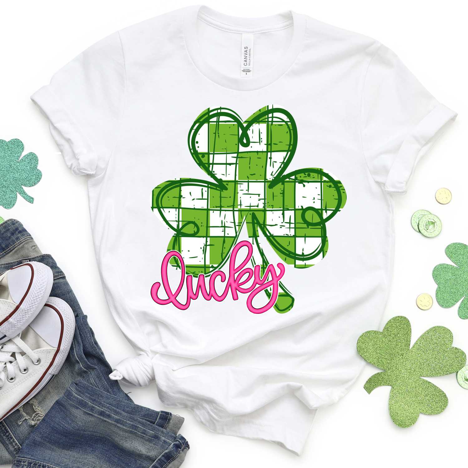 Green white check clover Lucky pink small *DTF* Transfer - Image 2