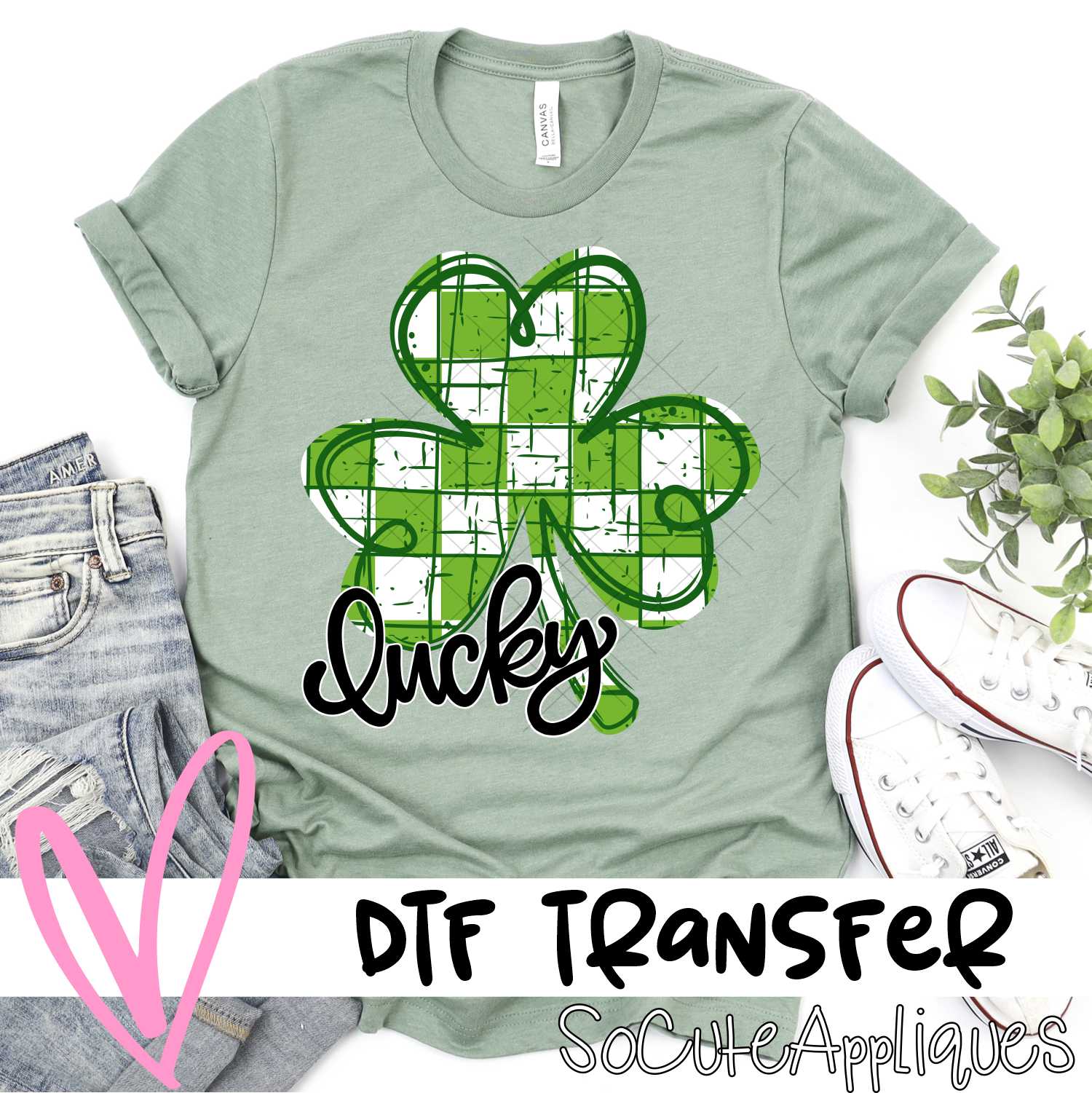 Green white check clover Lucky black small *DTF* Transfer