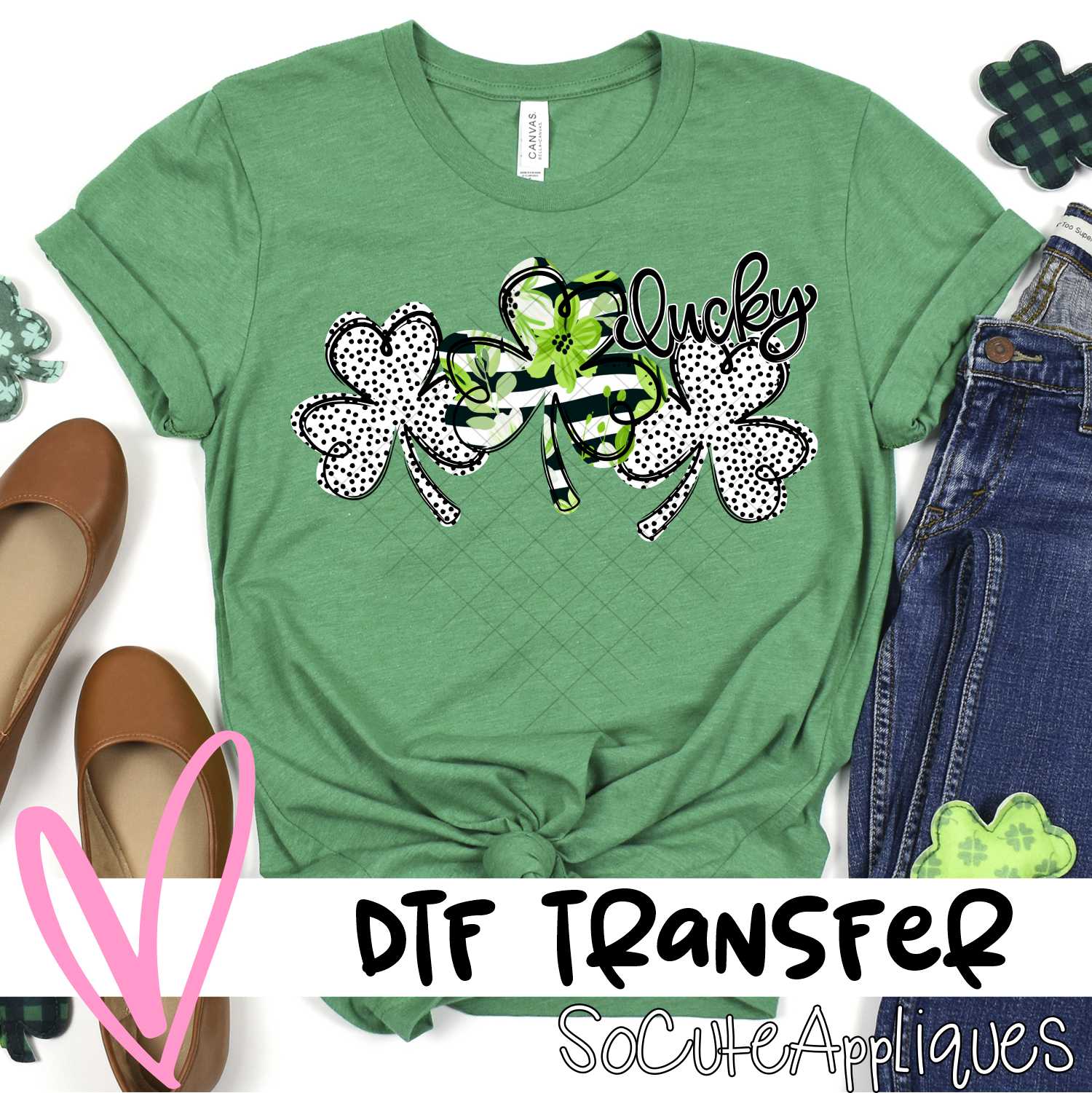 Triple clover green flowers on stripes dots *DTF* Transfer