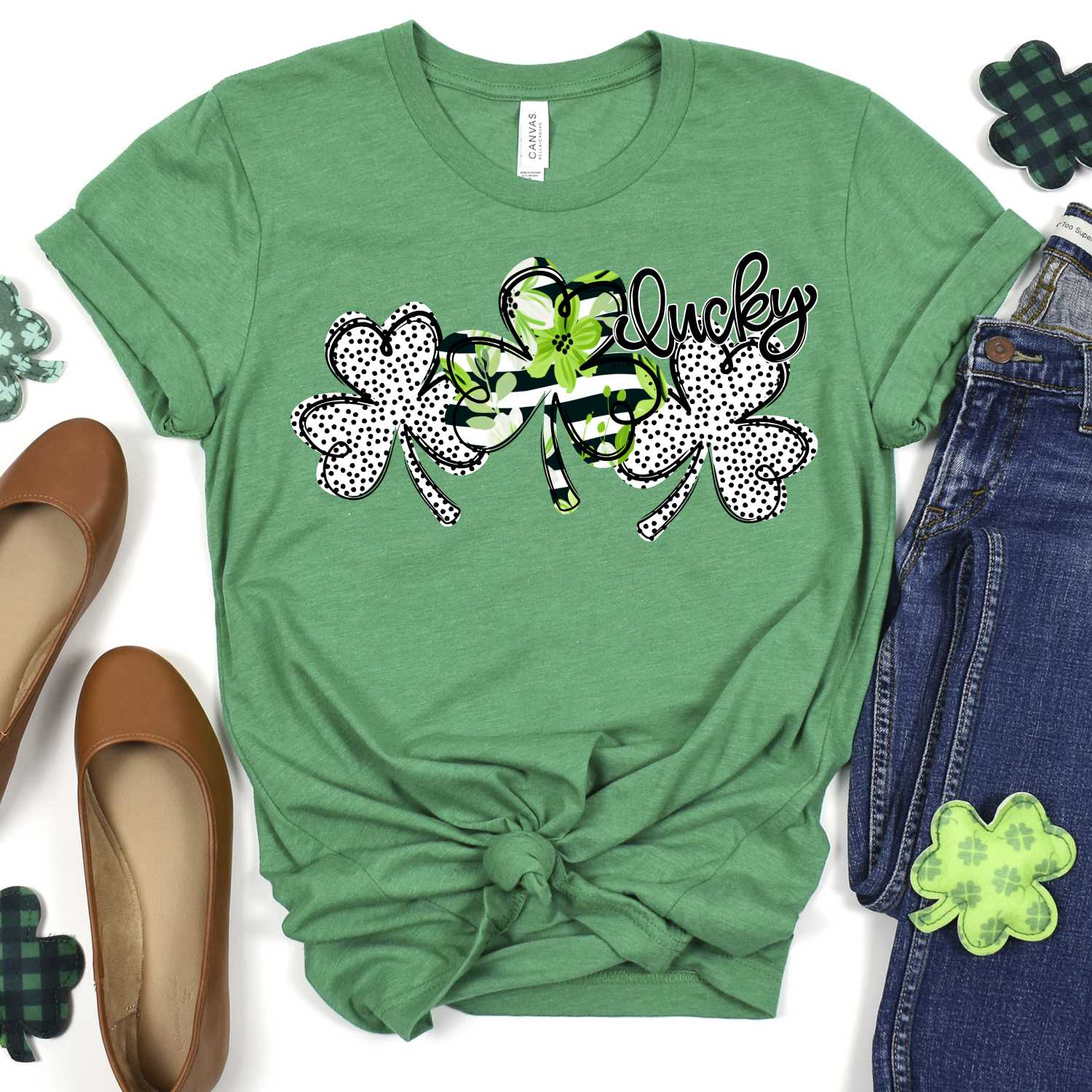 Triple clover green flowers on stripes dots *DTF* Transfer - Image 2