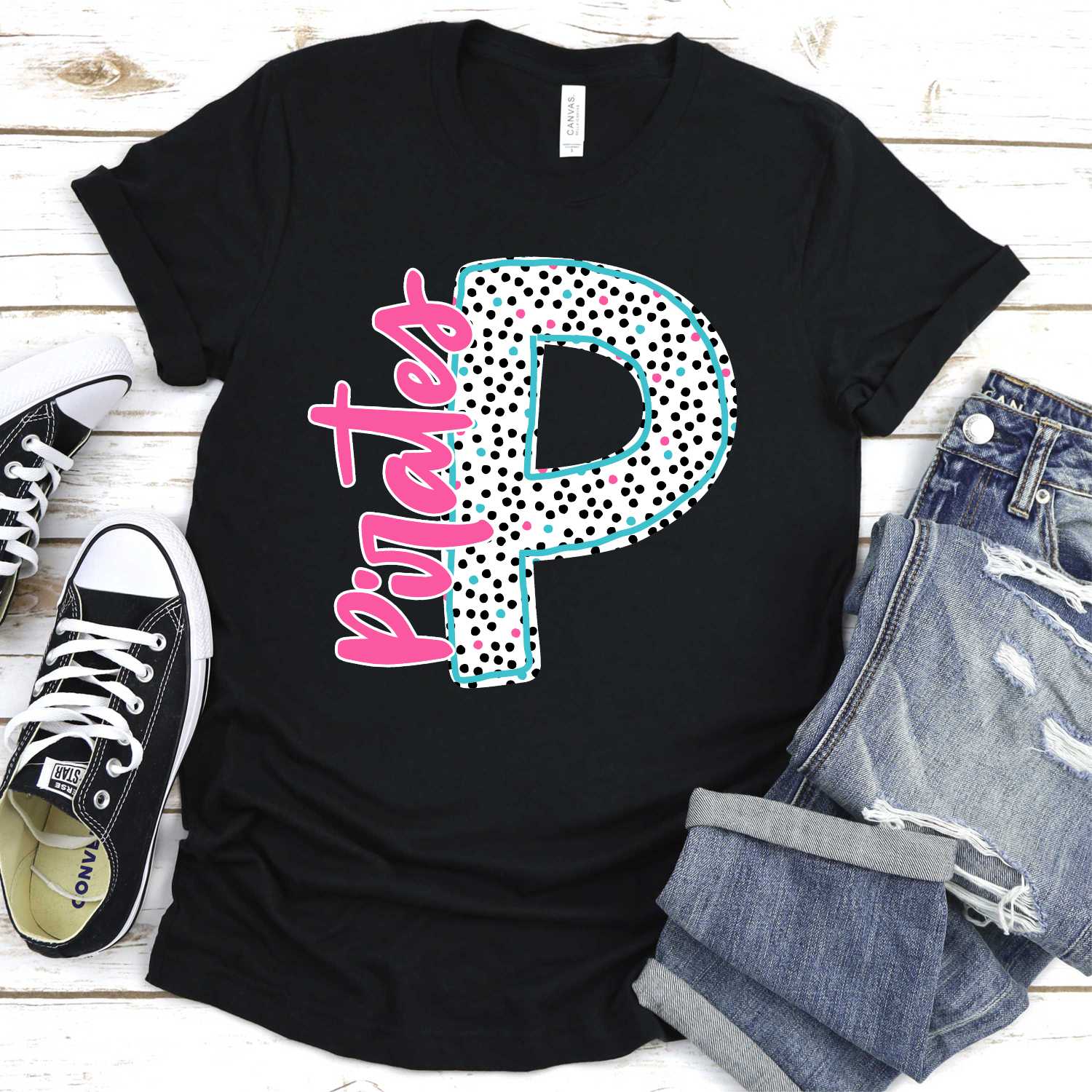 CUSTOM mascot Initial black pink blue dots with team on side *DTF* Transfer - Image 4