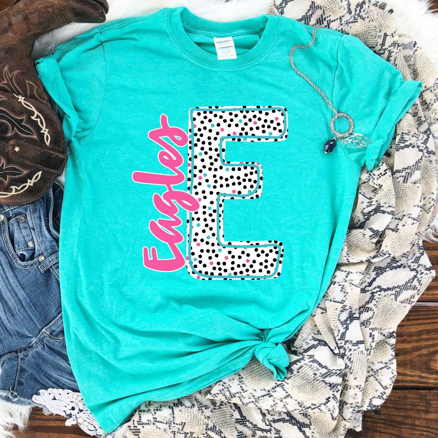 CUSTOM mascot Initial black pink blue dots with team on side *DTF* Transfer - Image 2