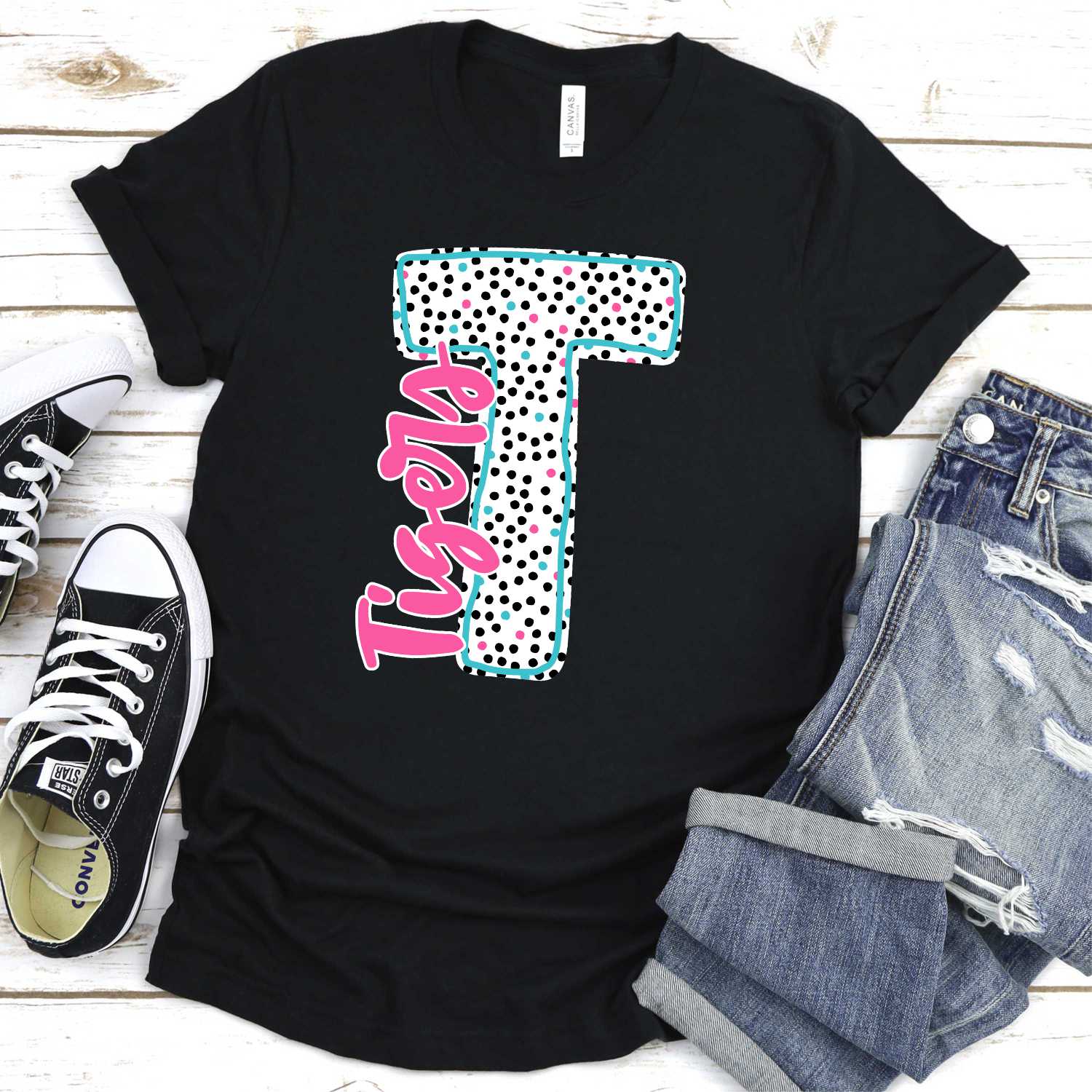 CUSTOM mascot Initial black pink blue dots with team on side *DTF* Transfer - Image 5