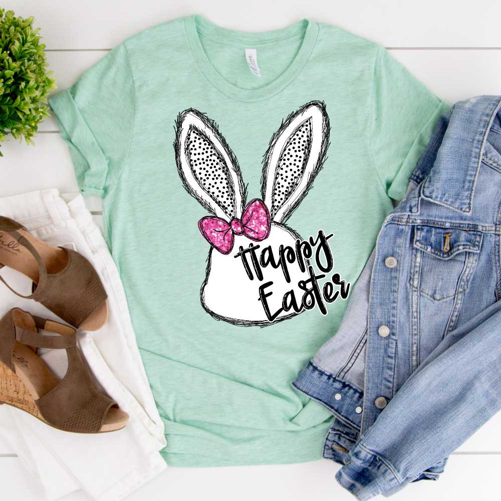 Girl Bunny head with bow Happy Easter *DTF* Transfer
