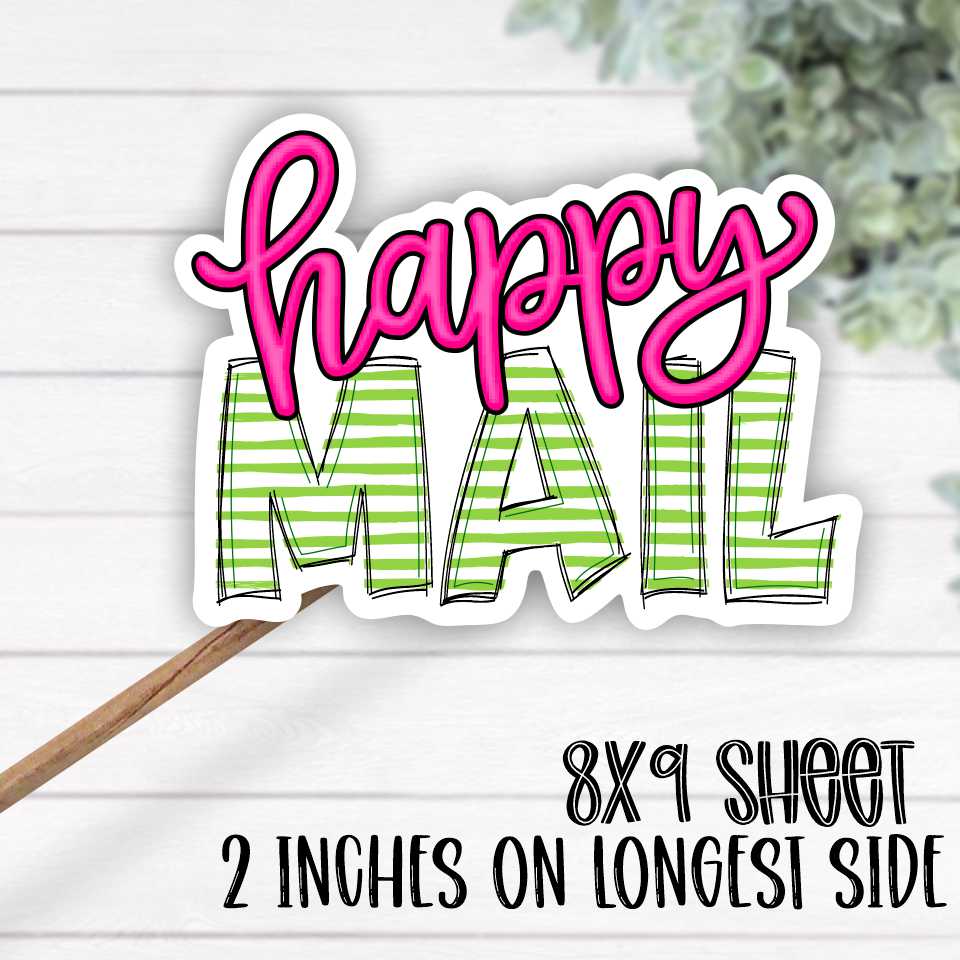 *STICKER SHEET* Happy mail script green stripes 8x9 sticker sheet