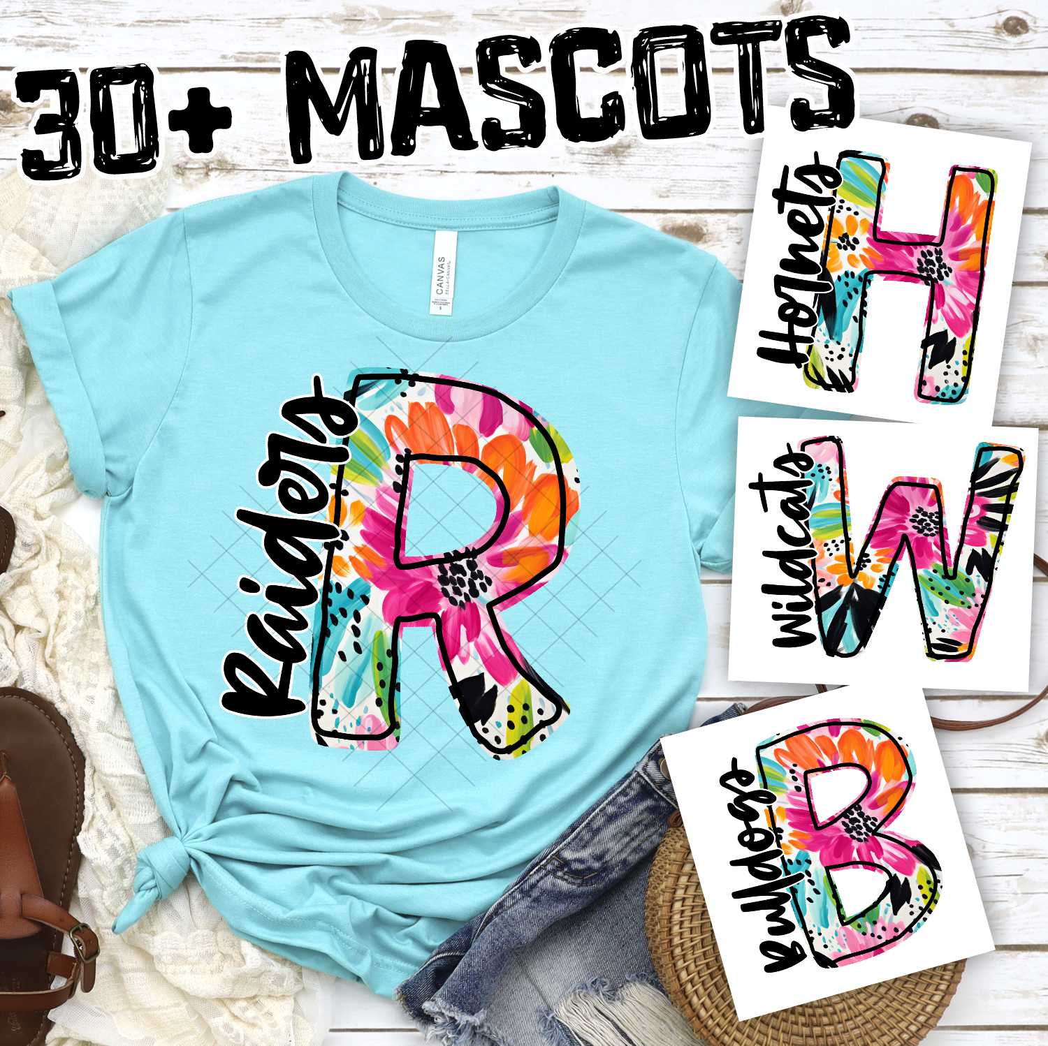 CUSTOM mascot multi color flower Initial with team on side *DTF* Transfer