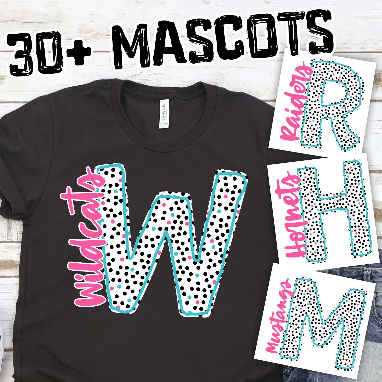 CUSTOM mascot Initial black pink blue dots with team on side *DTF* Transfer