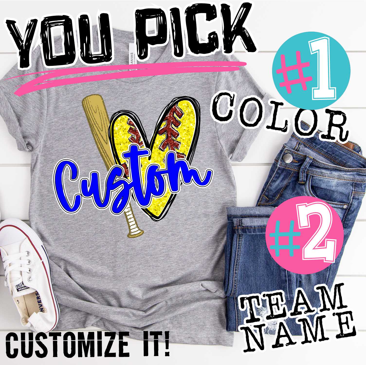 *CUSTOM NAME* SOFTBALL heart and bat MASCOT *DTF* Transfer -SEEME