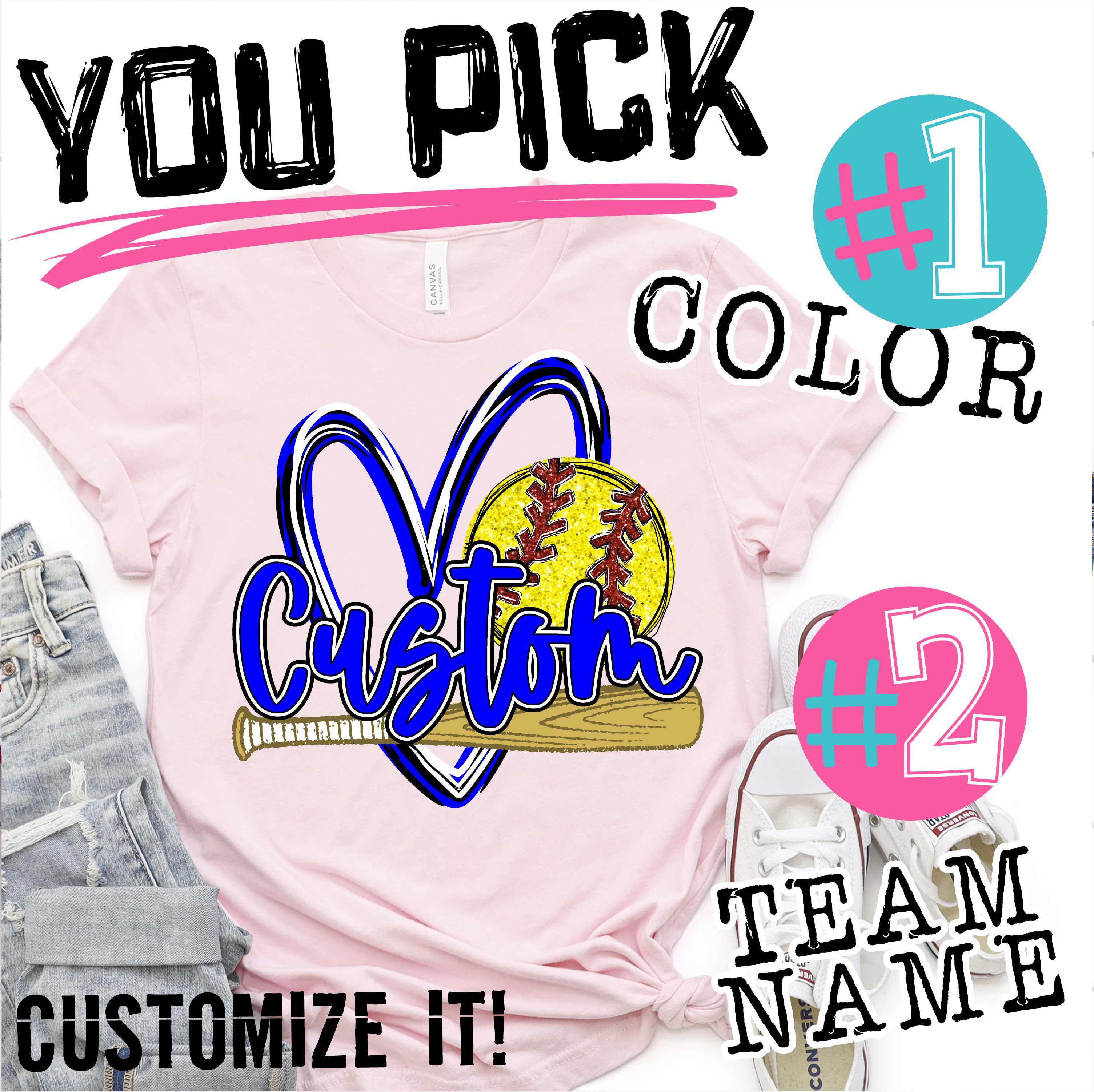 *CUSTOM NAME* MASCOT on heart with SOFTBALL and bat *DTF* Transfer  -SEEME