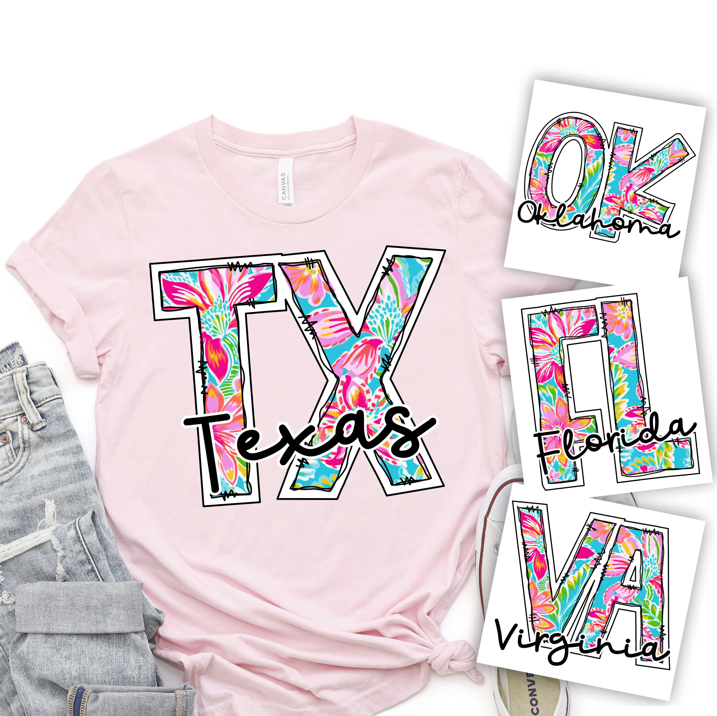 State initial BRIGHT flower print  *DTF* Transfer