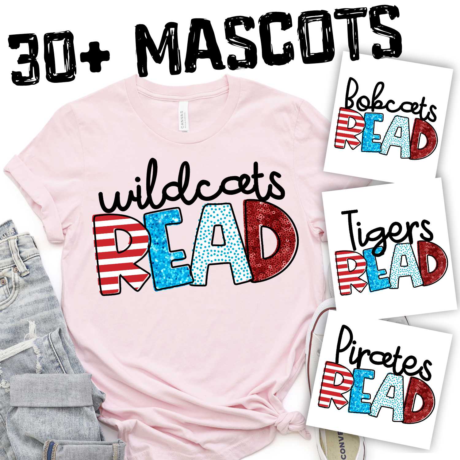 CUSTOM MASCOT Mascots READ faux glitter *DTF* Transfer (Red White and blue READING)