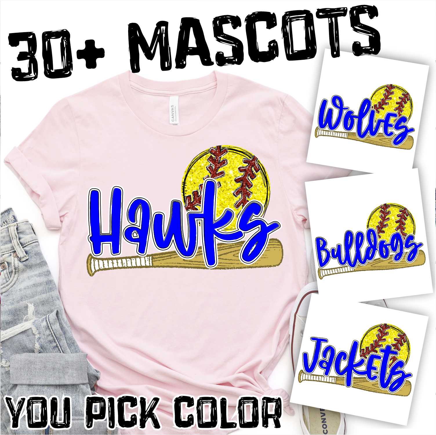 CUSTOM MASCOT Softball with bat and ball *DTF* Transfer